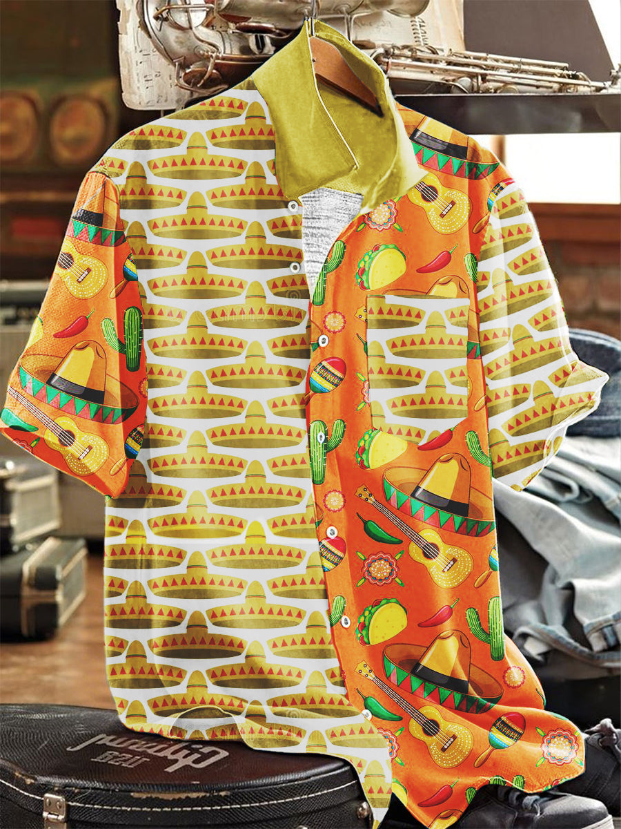 Camisa con botones de solapa de manga corta con estampado de sombrero de paja mexicano para hombre