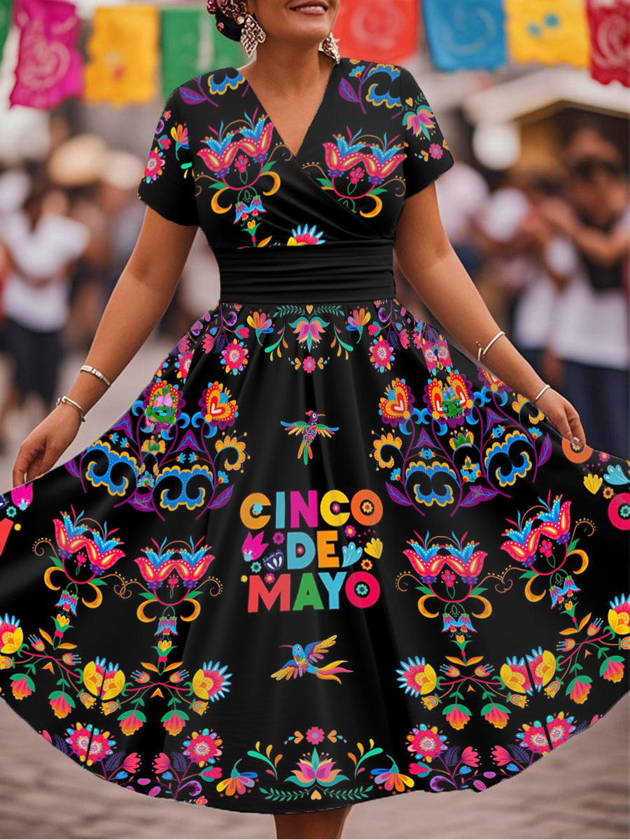 Vestido con cuello en V y estampado floral de Cinco de Mayo para mujer