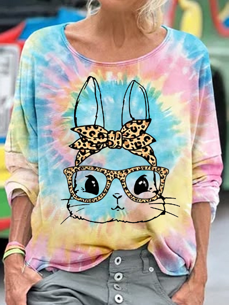 Top casual de manga larga con estampado de conejo lindo leopardo de mujer CuteEaster