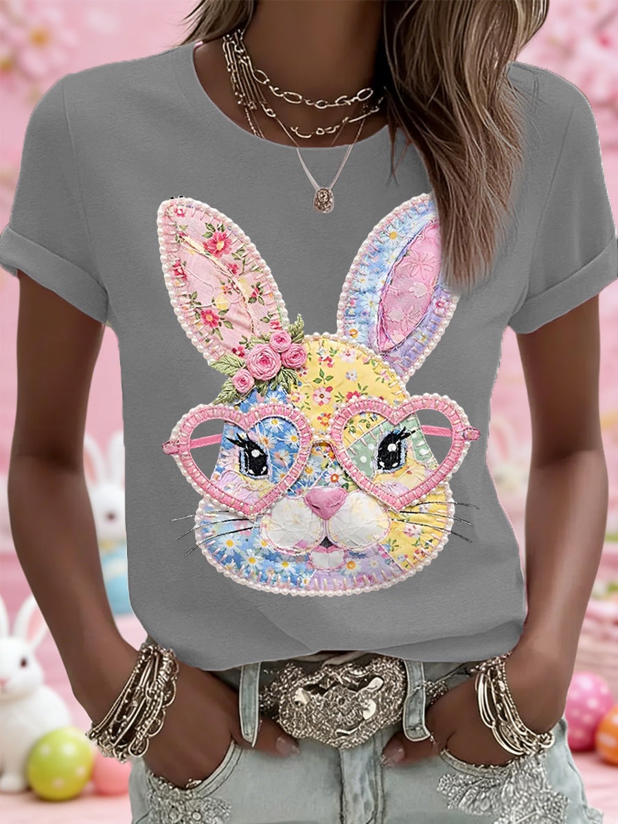 Mujer Pascua Floral Bunny Patchwork Print Casual Tee