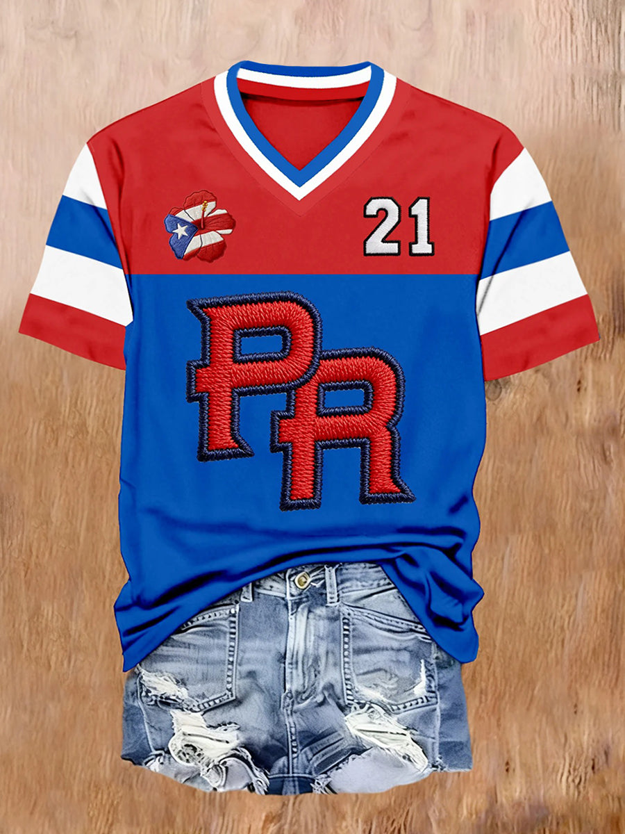 Camiseta con cuello en V casual de impresión de béisbol de Puerto Rico para mujer