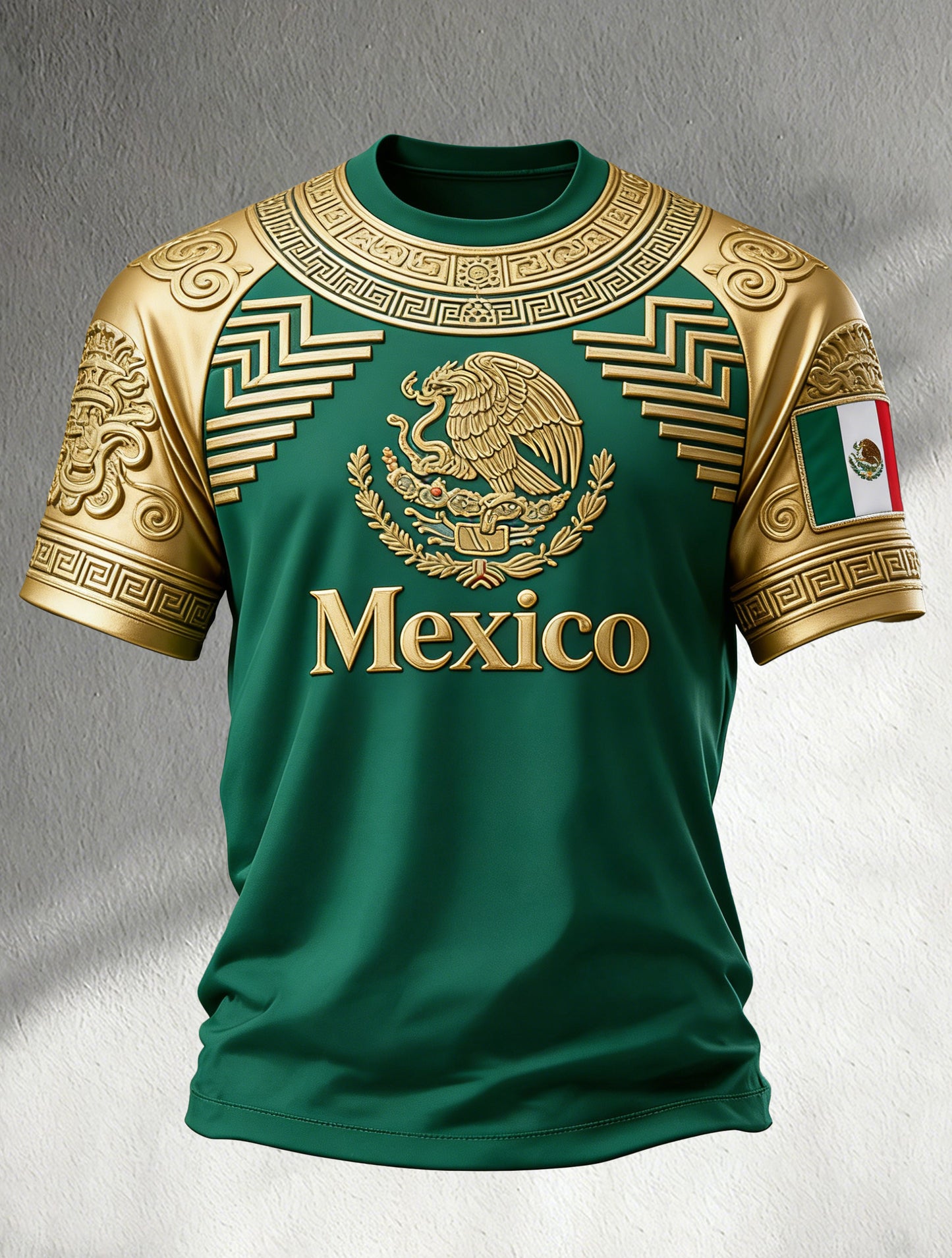 Camiseta para hombre con estampado mexicano azteca y motivos de fútbol para aficionados