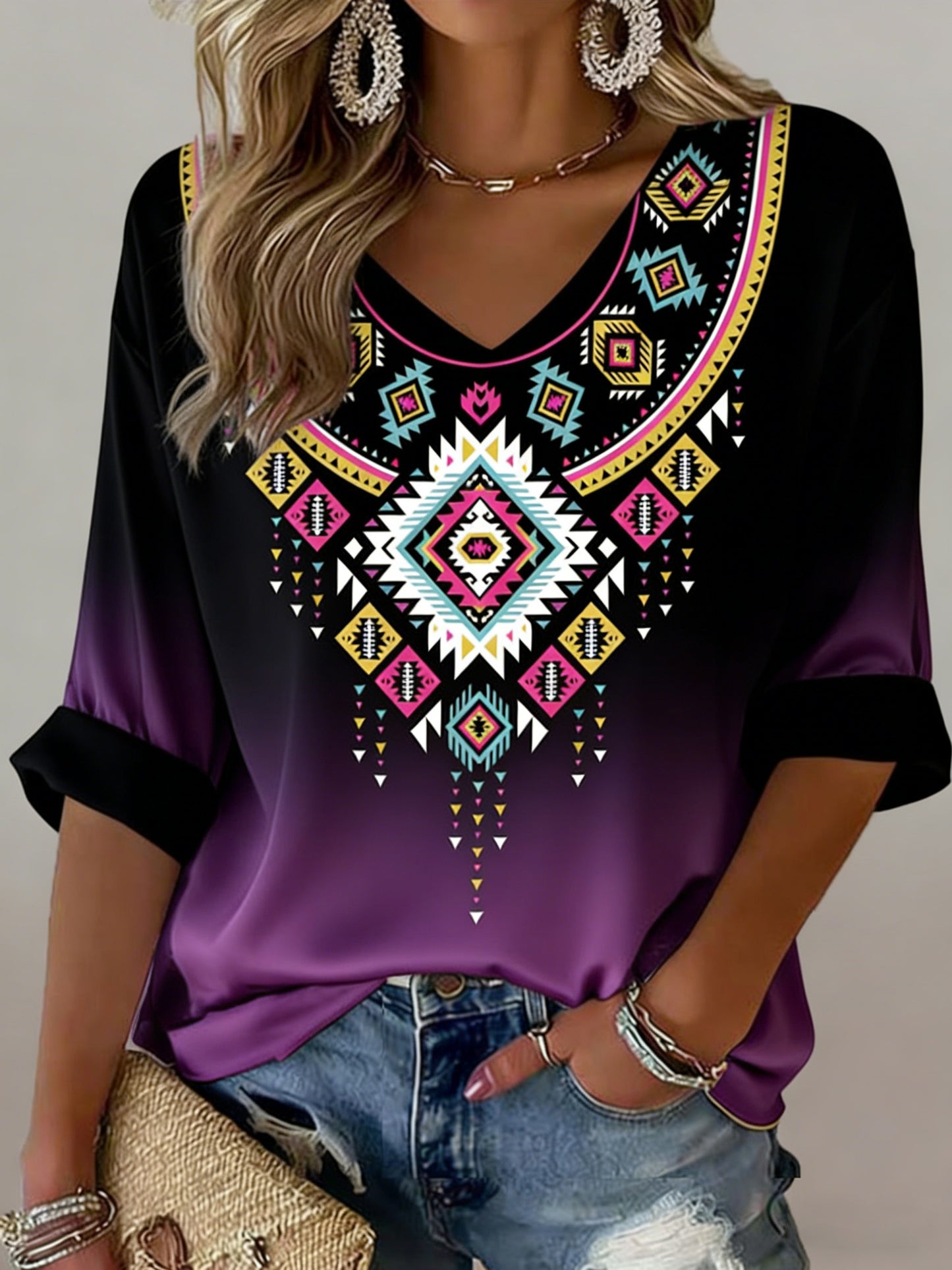 Camiseta mexicana con estampado artístico de estilo bohemio Cinco de Mayo para mujer