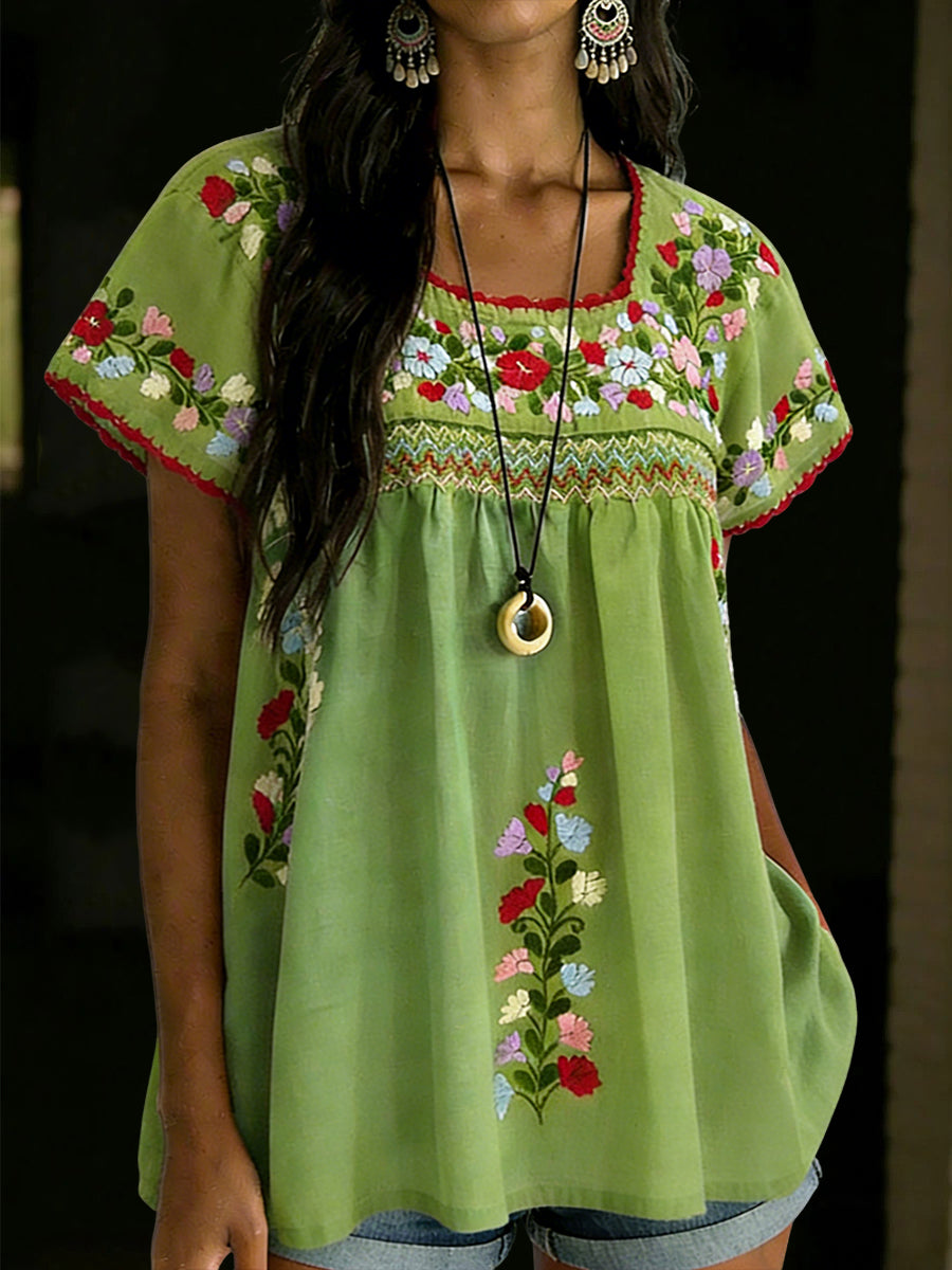 Camisa mexicana floral de manga corta para mujer