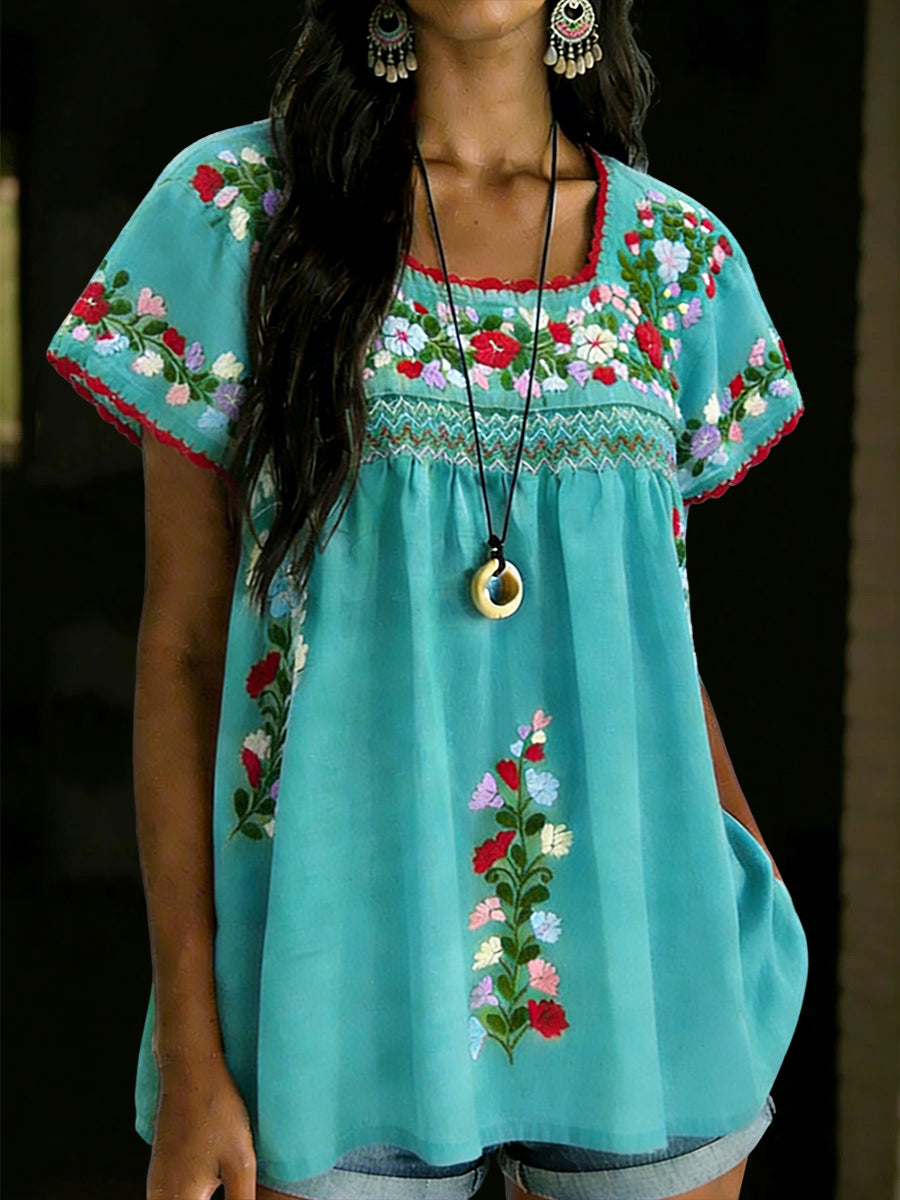 Camisa mexicana floral de manga corta para mujer
