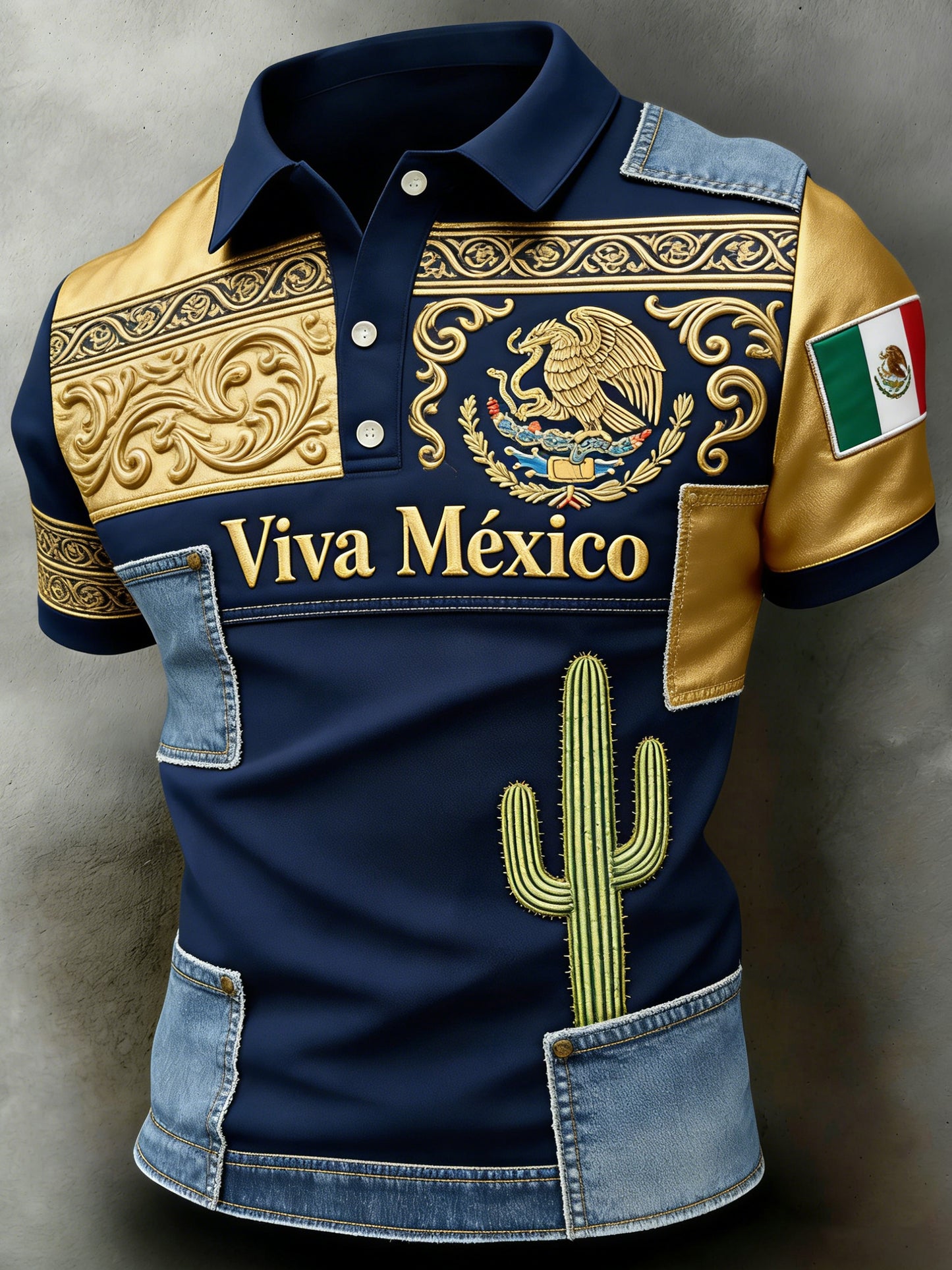 Polo de fútbol mexicano para hombre: estampado de textura en relieve estilo tótem azteca
