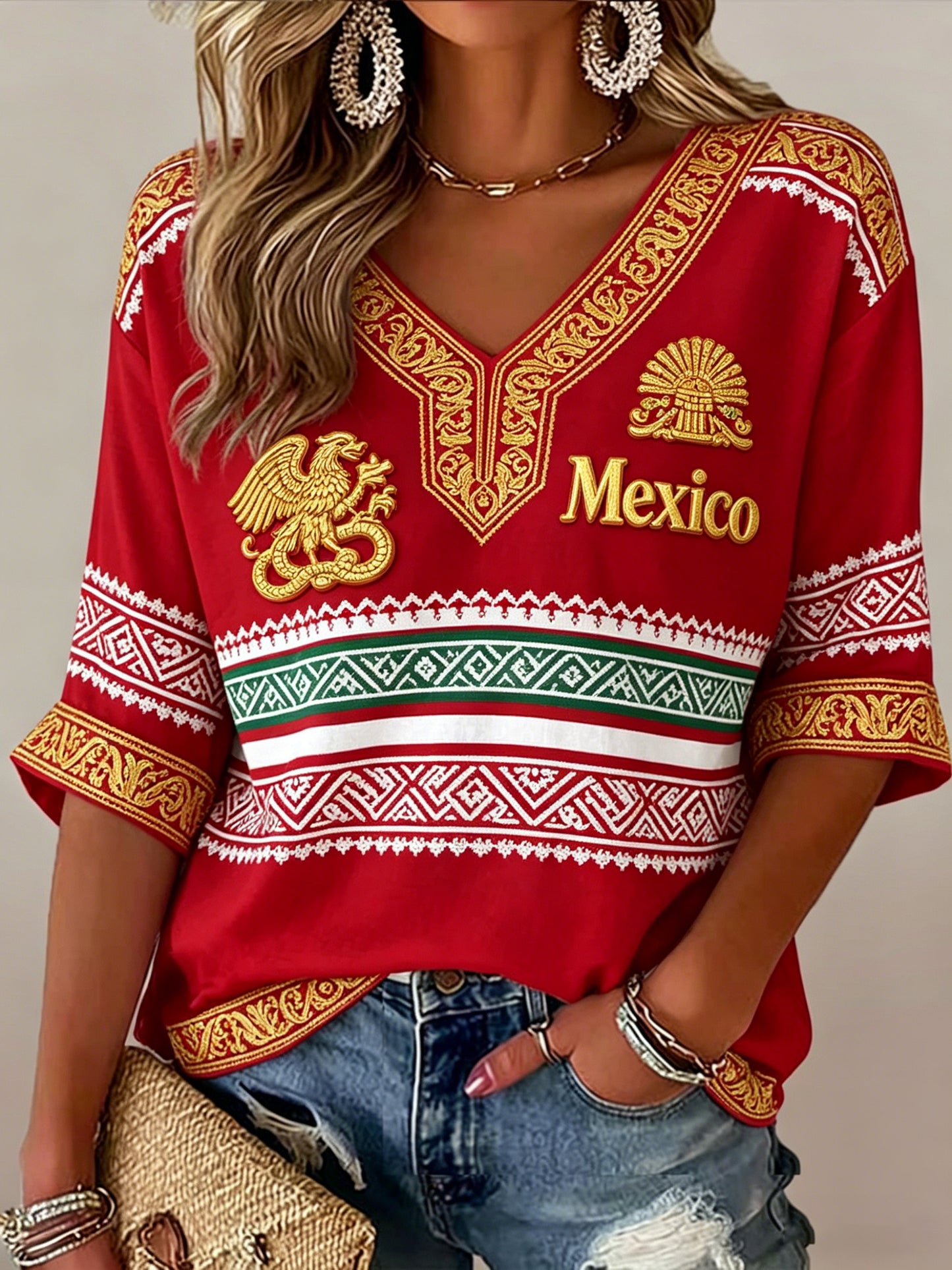 Camiseta de cuello en V con estampado artístico conmemorativo del fútbol femenino mexicano