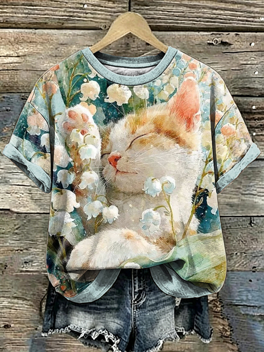 Camiseta de manga corta con estampado de arte de gatos para mujer