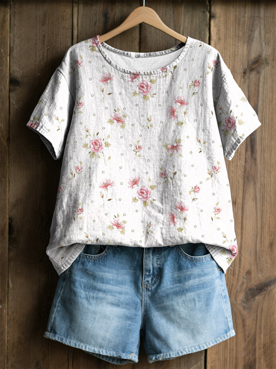 Camiseta casual con estampado de flores rosadas para mujer