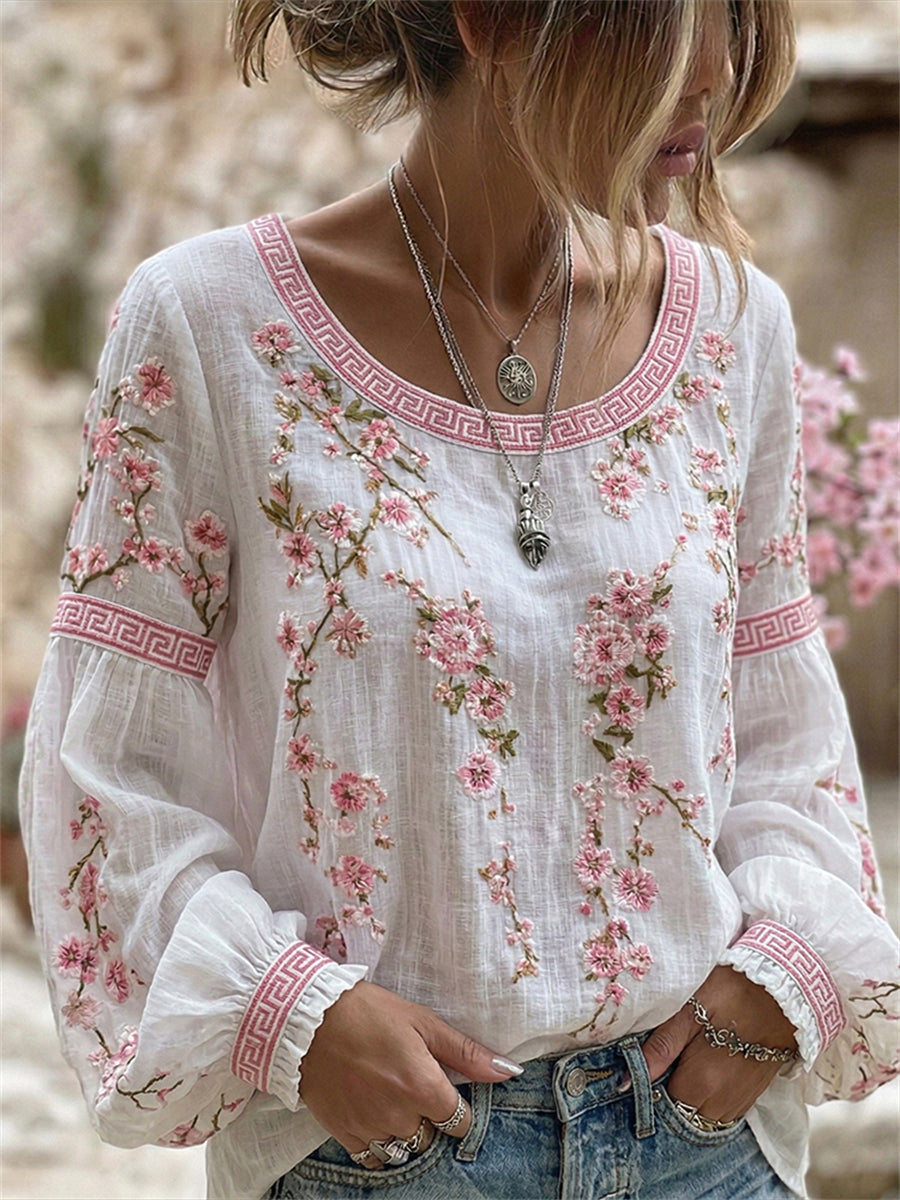 Túnica de lino con estampado de arte de flor de cerezo Boho elegante de las mujeres