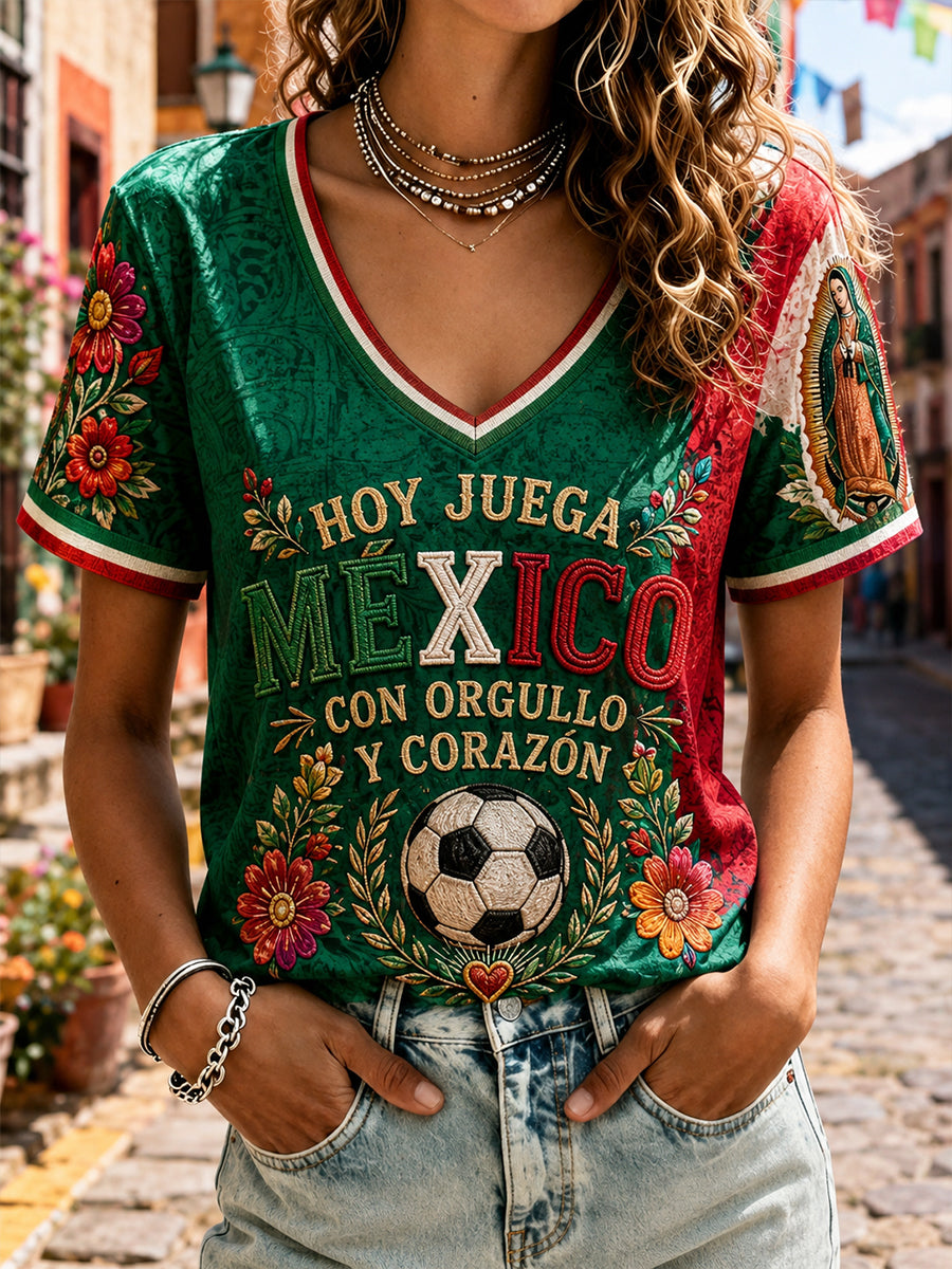 Camiseta estampada con diseño floral para amantes del fútbol mexicano, para mujer