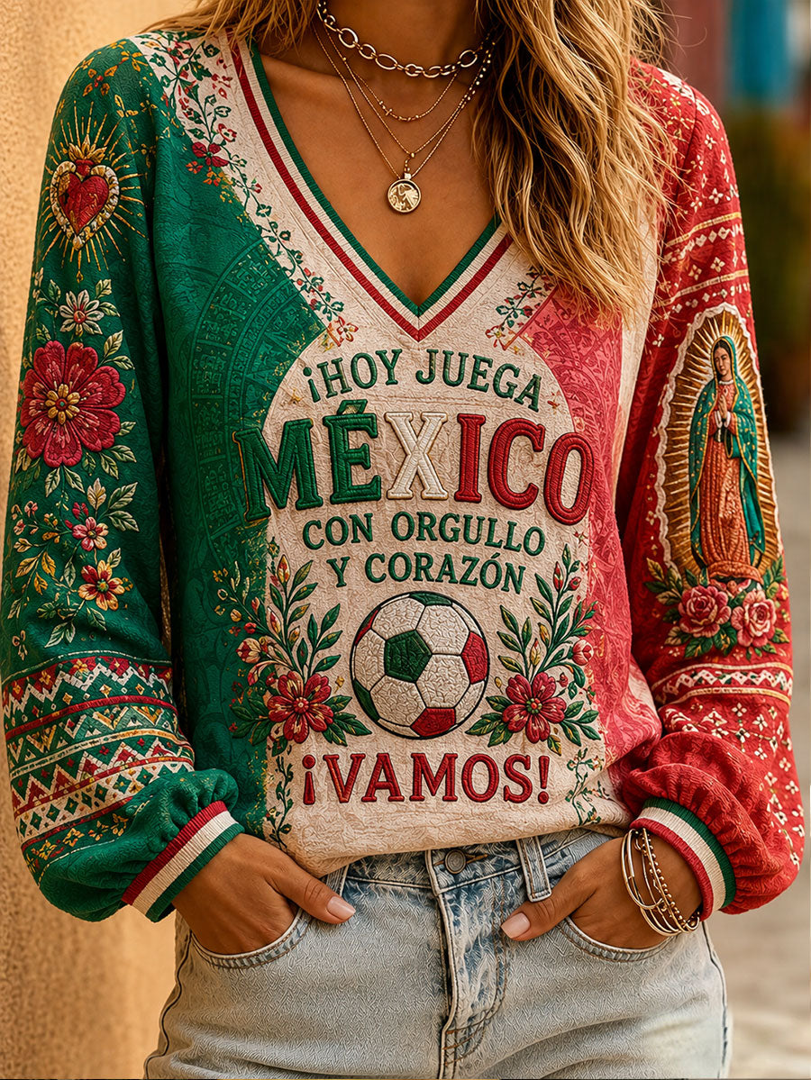 Camiseta de lino con estampado floral para amantes del fútbol mexicano, diseño femenino