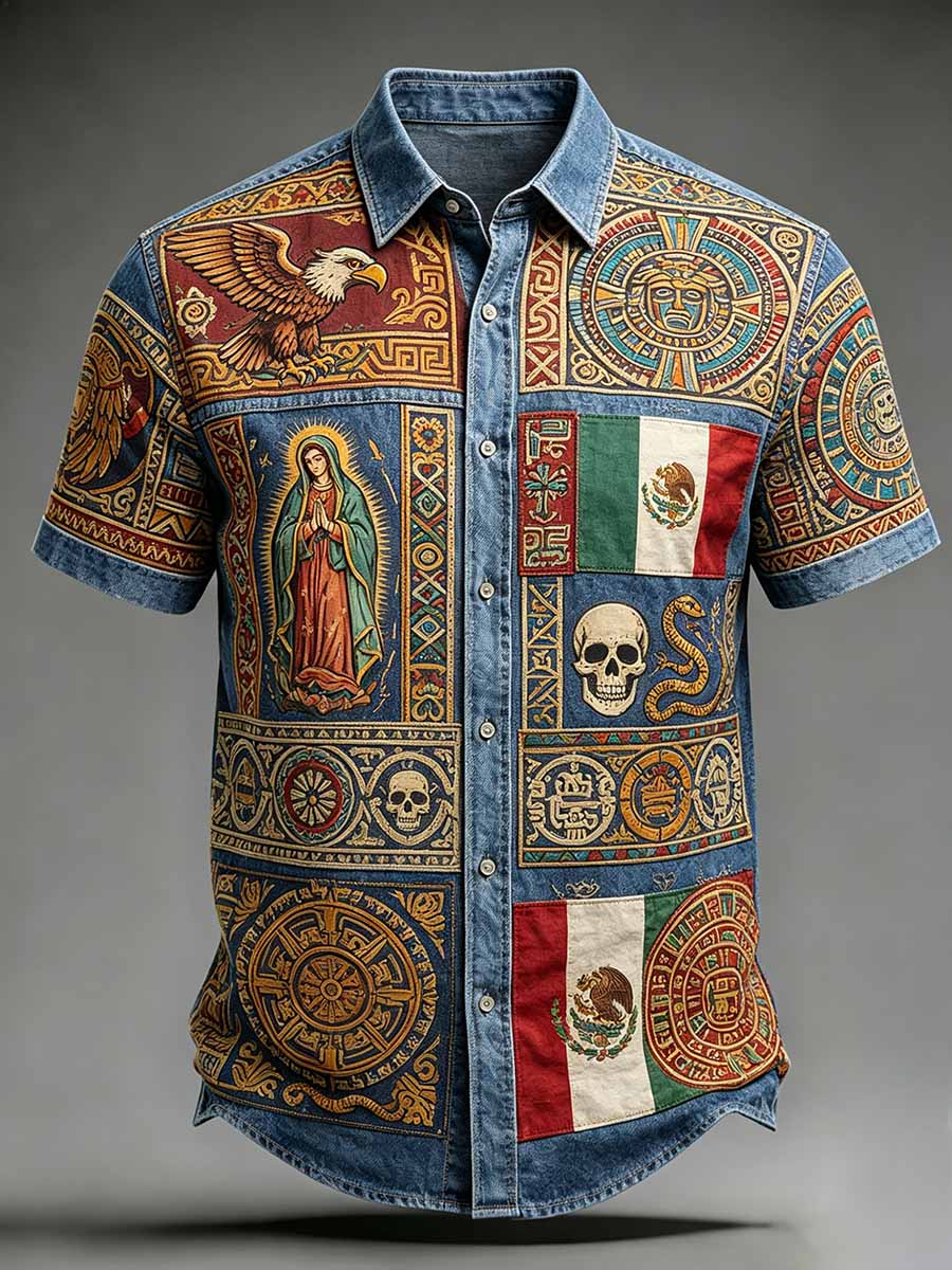 Camisa casual con estampado de arte mexicano para hombre