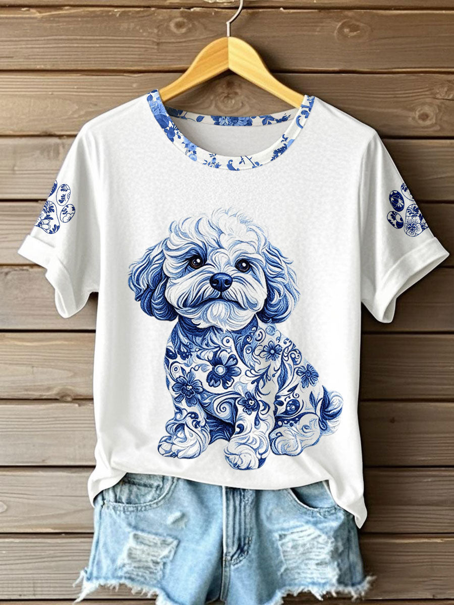 Camiseta con estampado de porcelana azul y blanca animal estilo chino para mujer