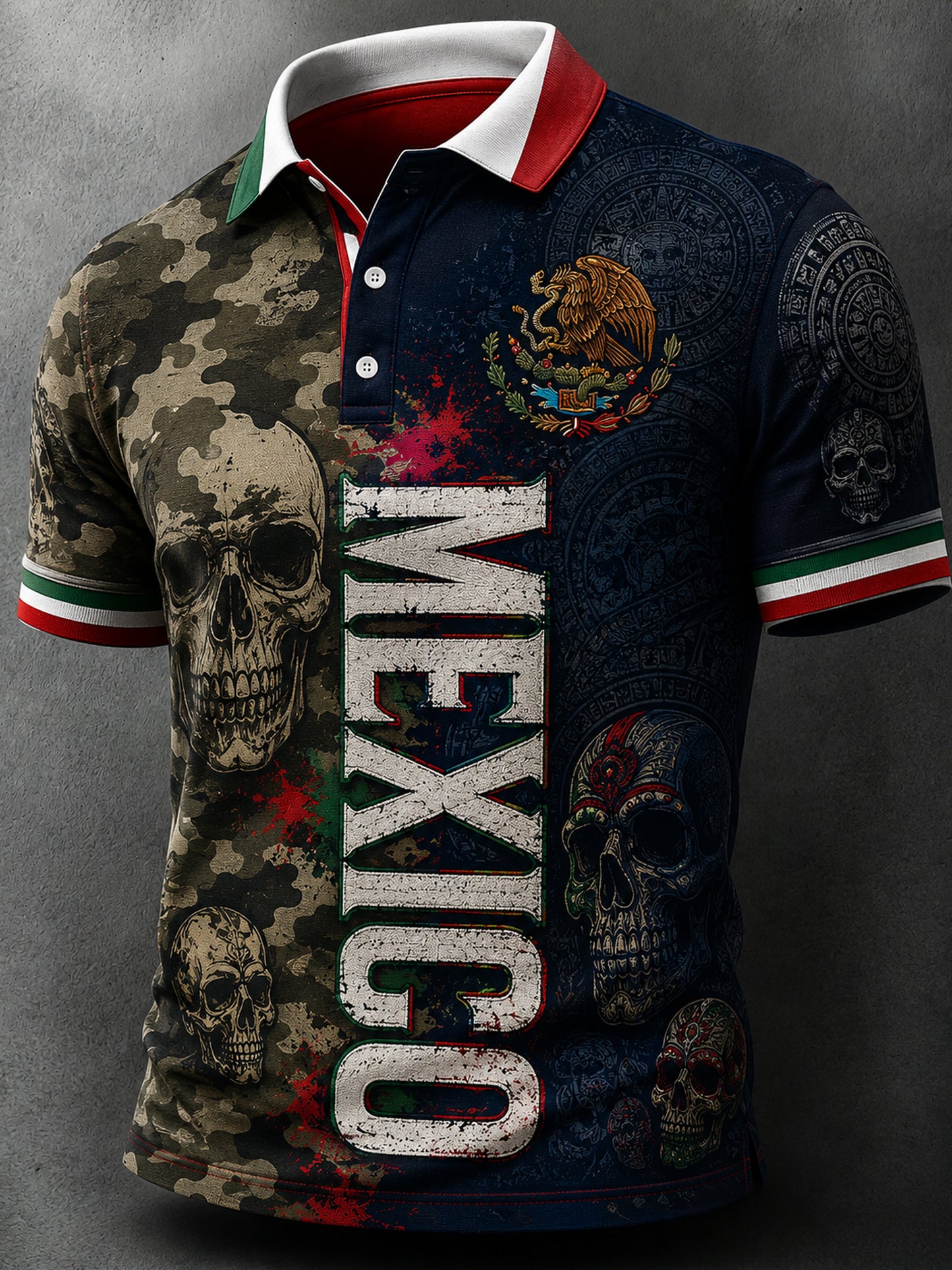 Polo para hombre con temática futbolística mexicana y estampado de arte azteca