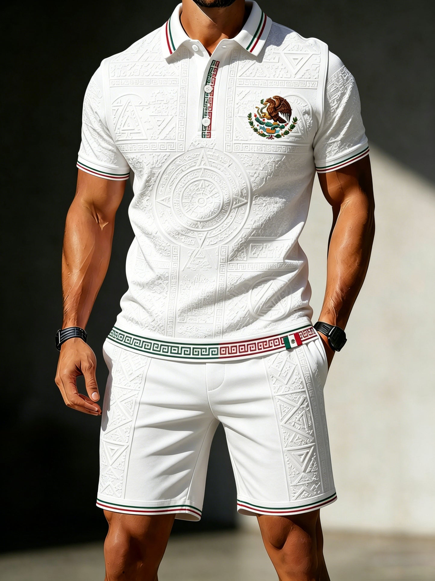 Juego de polo de impresión de arte de tótem azteca de fútbol mexicano para hombre
