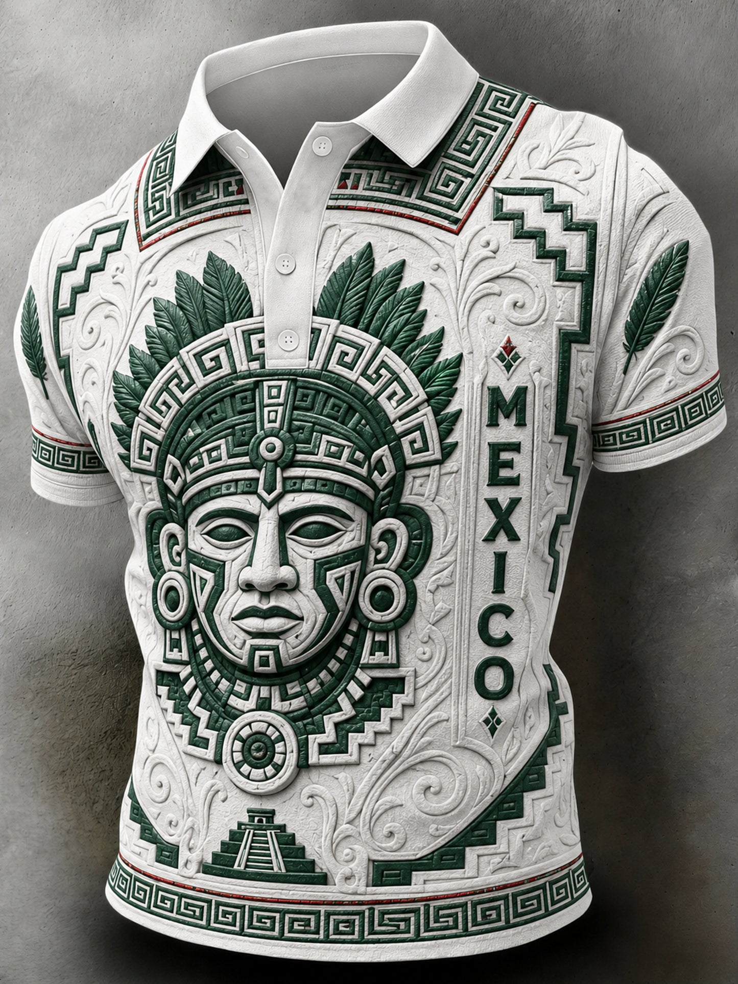 Polera para hombre con temática futbolística mexicana y estampado de tótem azteca