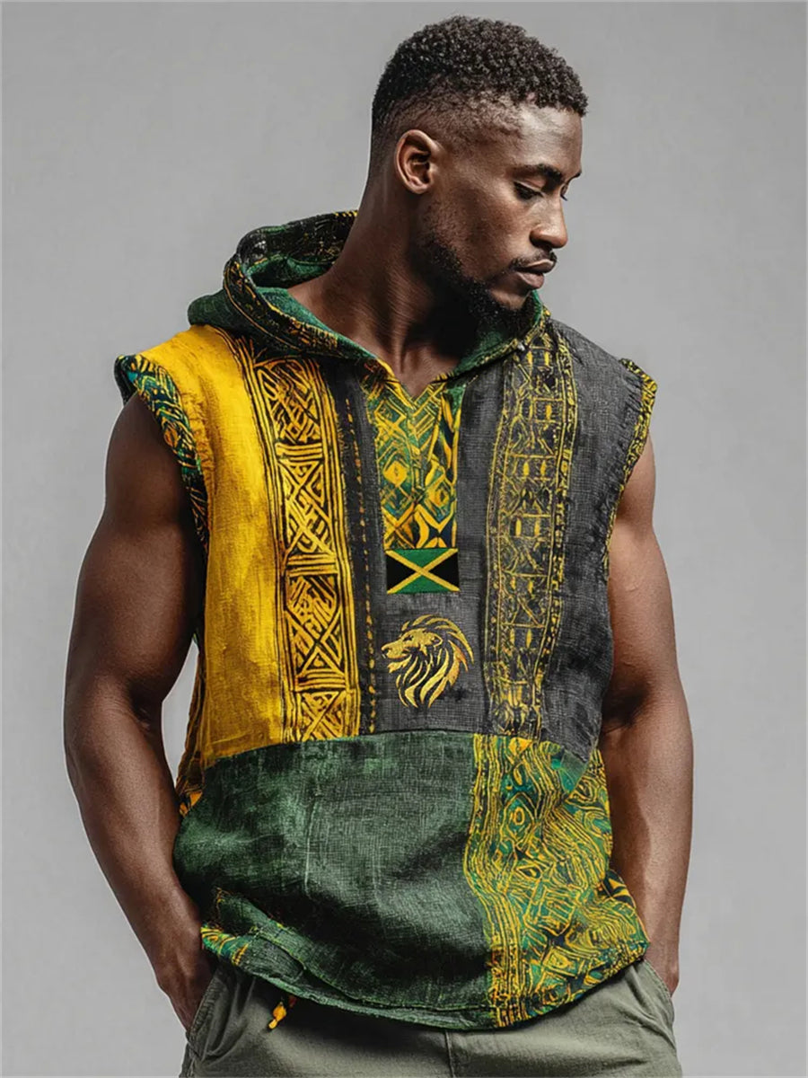 Hombres Reggae Lion Jamaica Flag African Kente con capucha tanque de lino