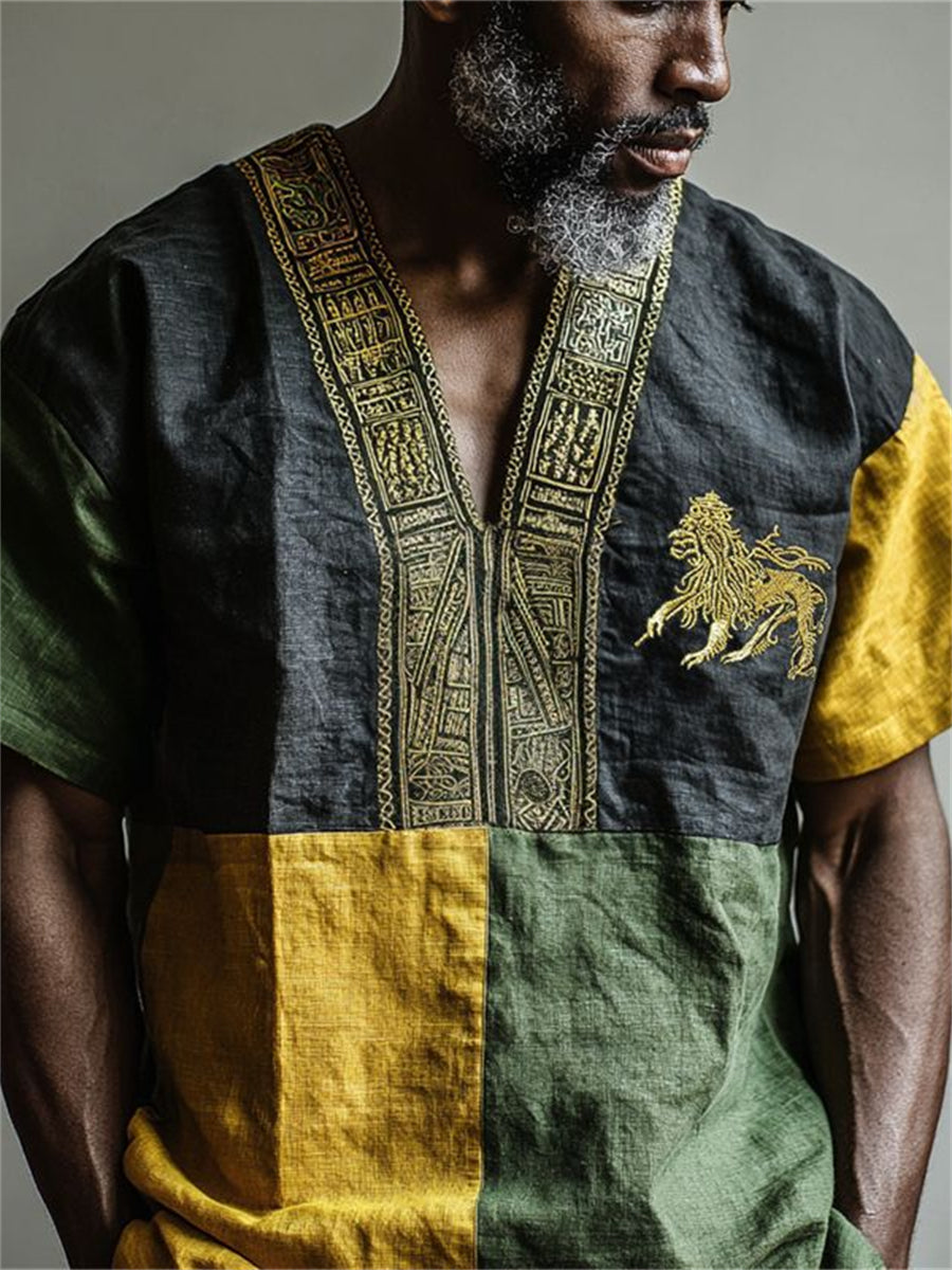 Hombres Reggae León Étnico Bandera Jamaica Inspirado Colorblock Imprimir Camisa de Manga Corta