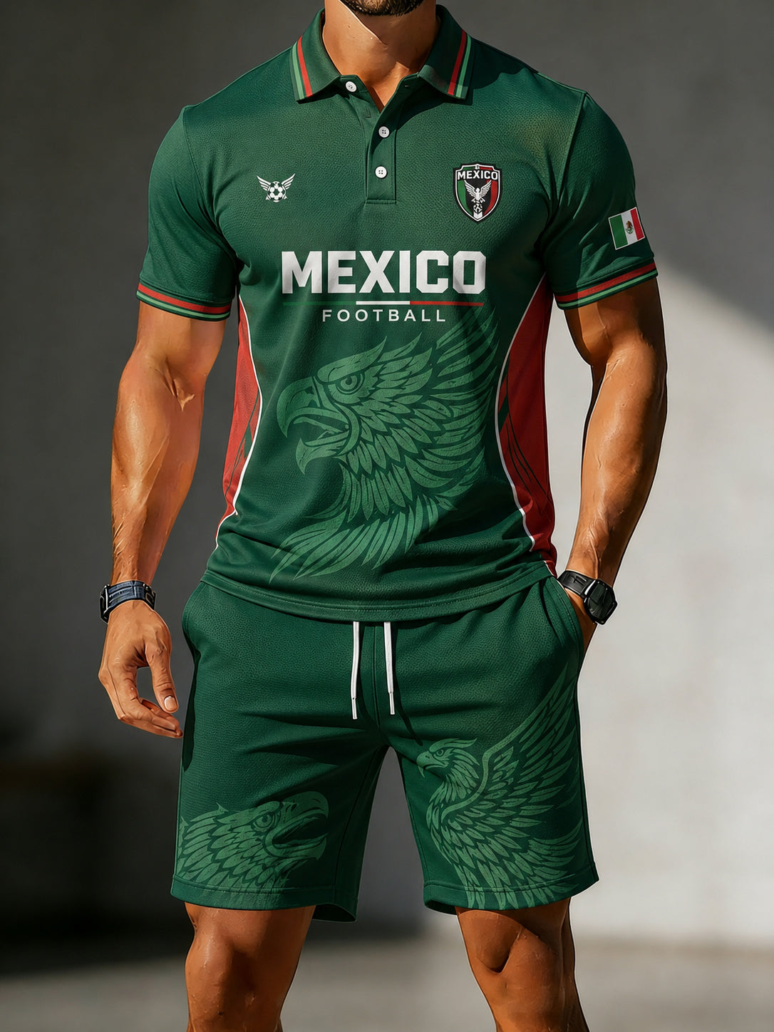 Conjunto de camisa polo informal de manga corta con estampado temático de fútbol para hombre