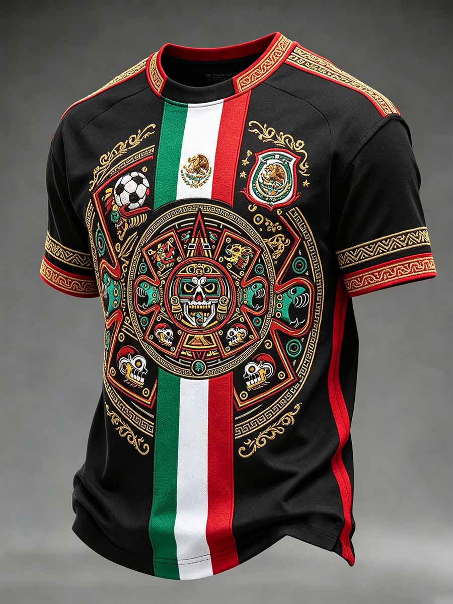 Camiseta casual para hombre con estampado de fútbol y diseño mexicano de tótem