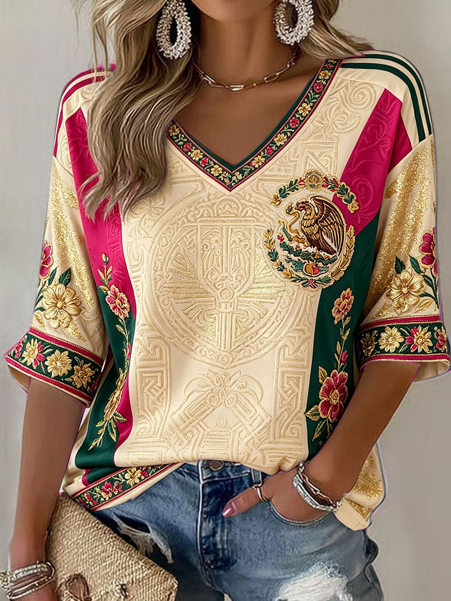 Camiseta estampada con diseño artístico de amor por el fútbol mexicano para mujer