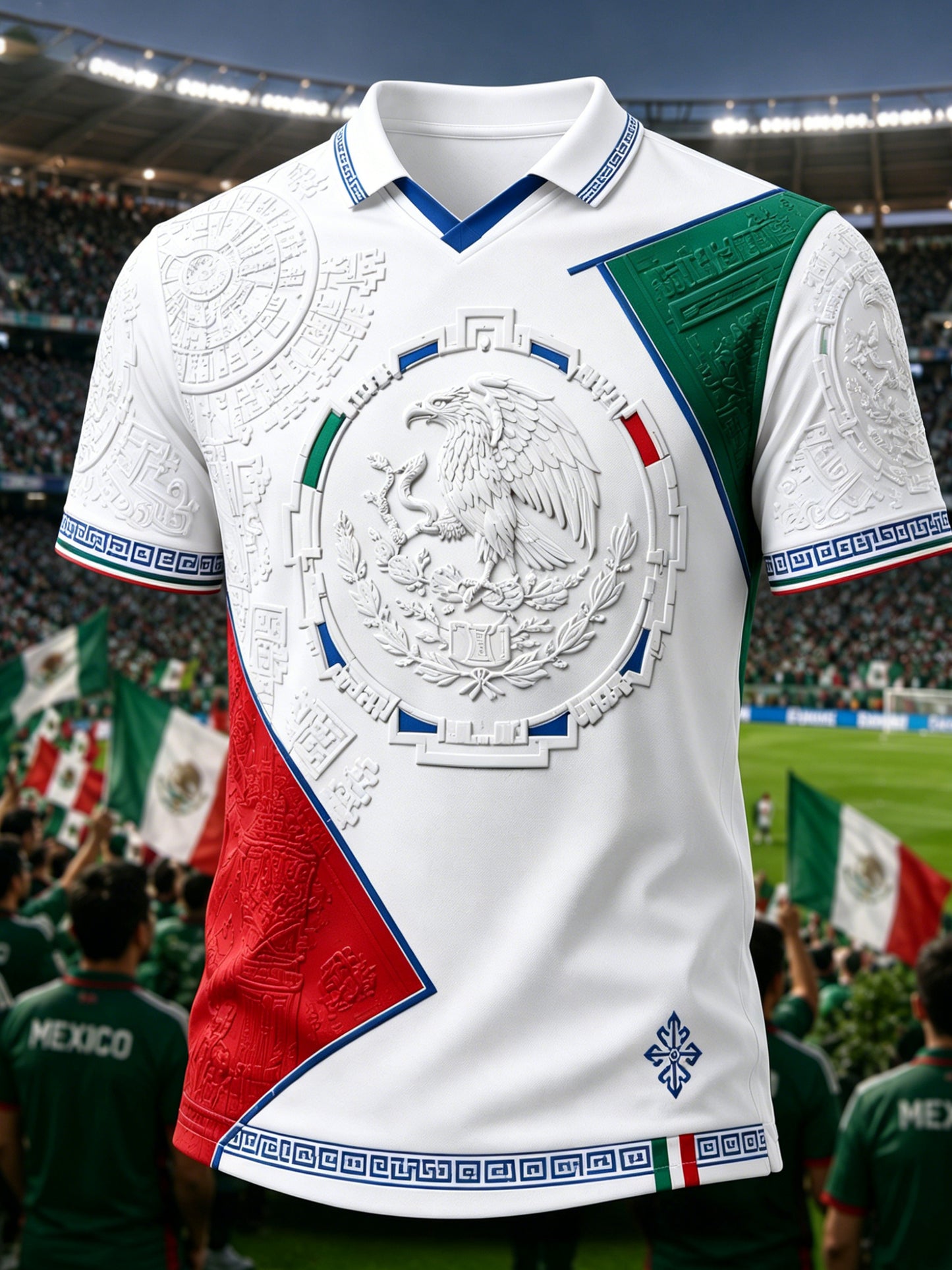 Camiseta de hombre con cuello en V y estampado en relieve con diseño artístico de la selección mexicana de fútbol