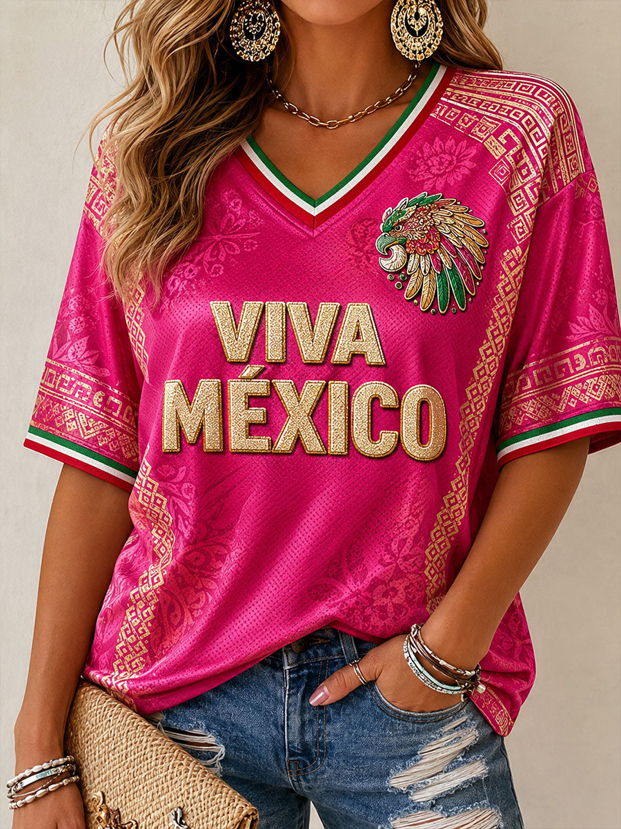 Camiseta estampada con diseño artístico para amantes del fútbol mexicano, para mujer