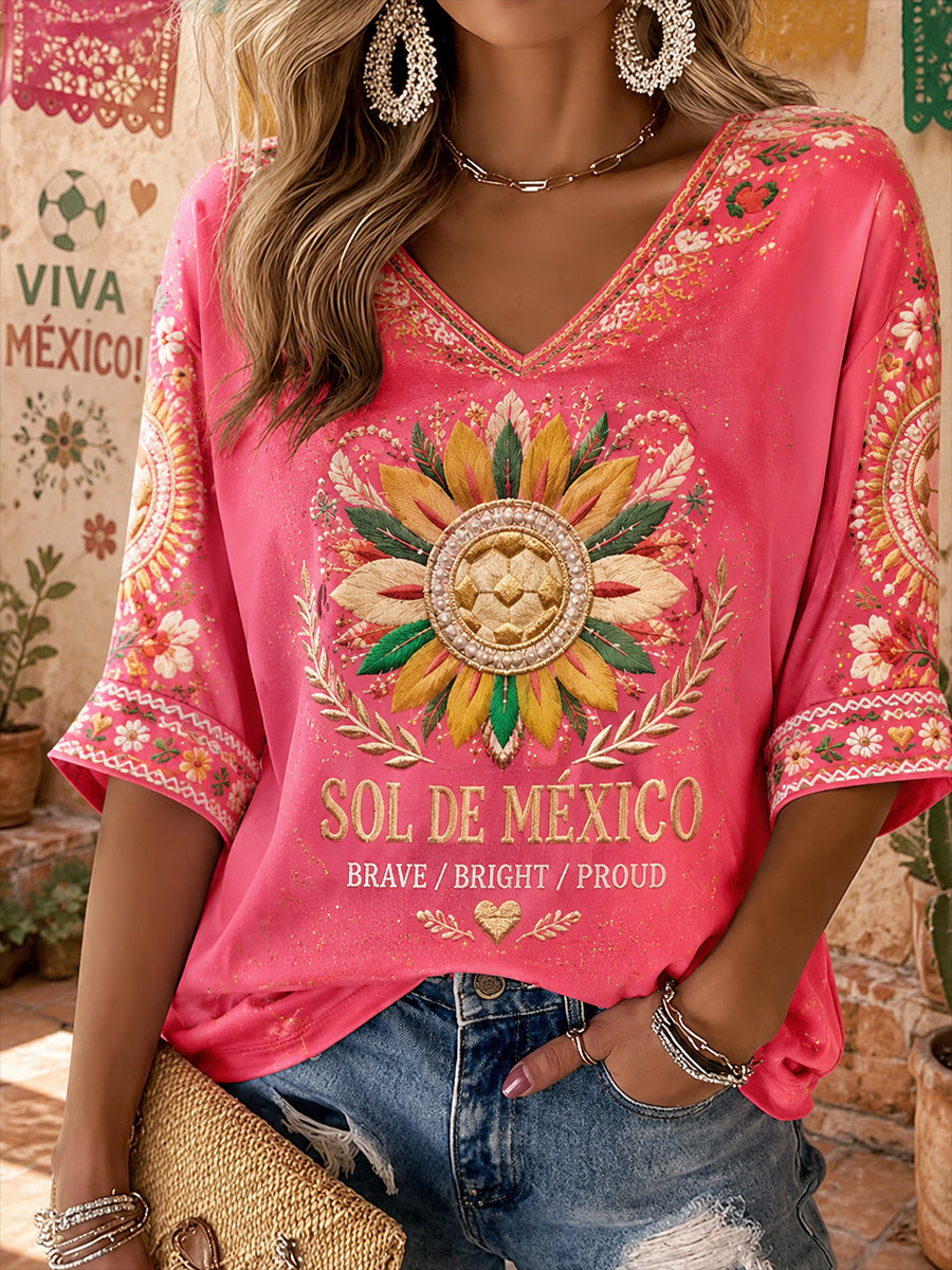 Camiseta estampada con diseño artístico para amantes del fútbol mexicano, para mujer