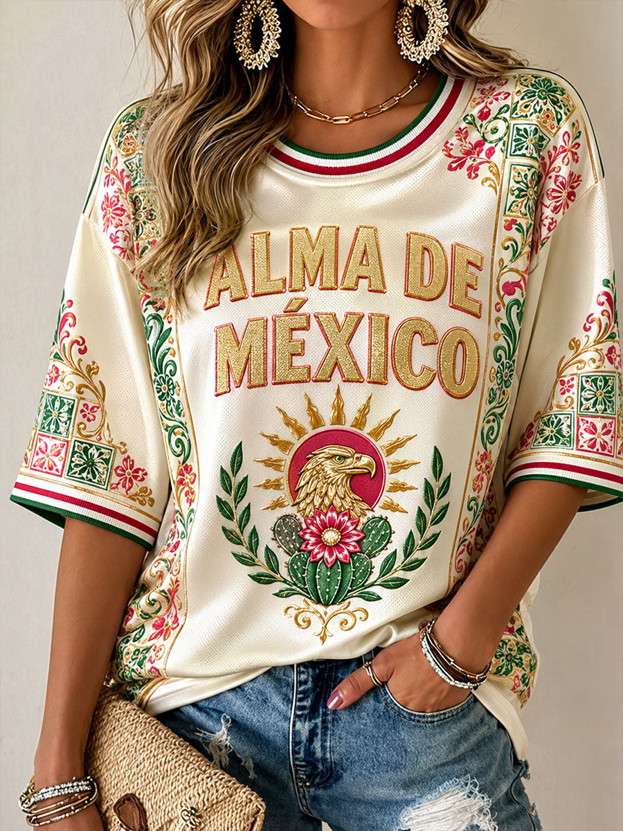 Camiseta estampada con diseño artístico para amantes del fútbol mexicano, para mujer
