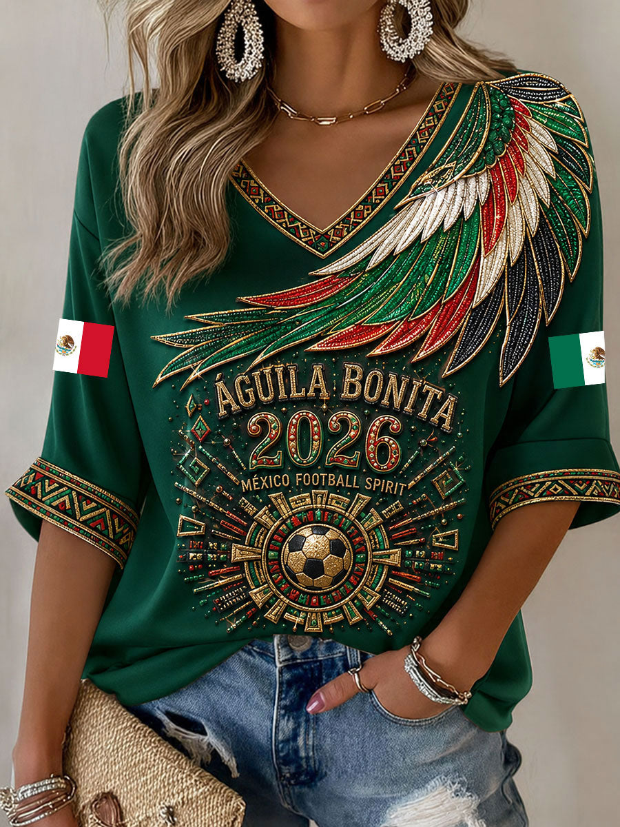 Camiseta estampada con diseño artístico para amantes del fútbol mexicano, para mujer