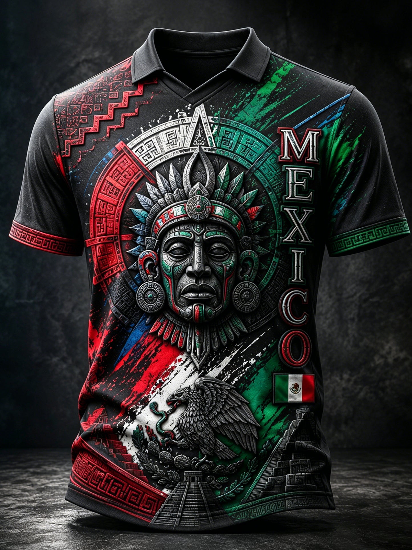 Camiseta de cuello en V con estampado artístico para animar al fútbol mexicano masculino