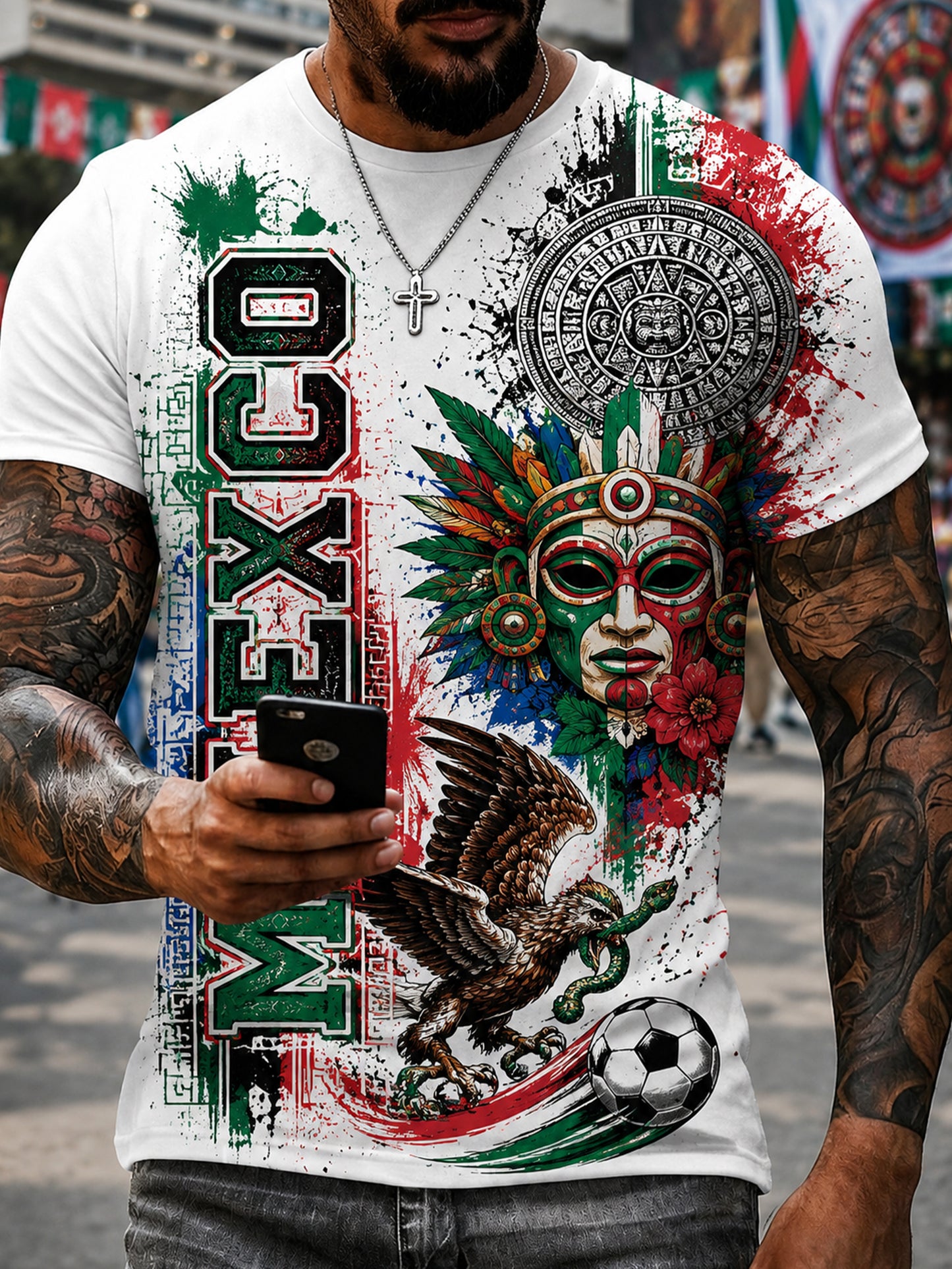 Camiseta con estampado artístico de aficionados al fútbol mexicano para hombre