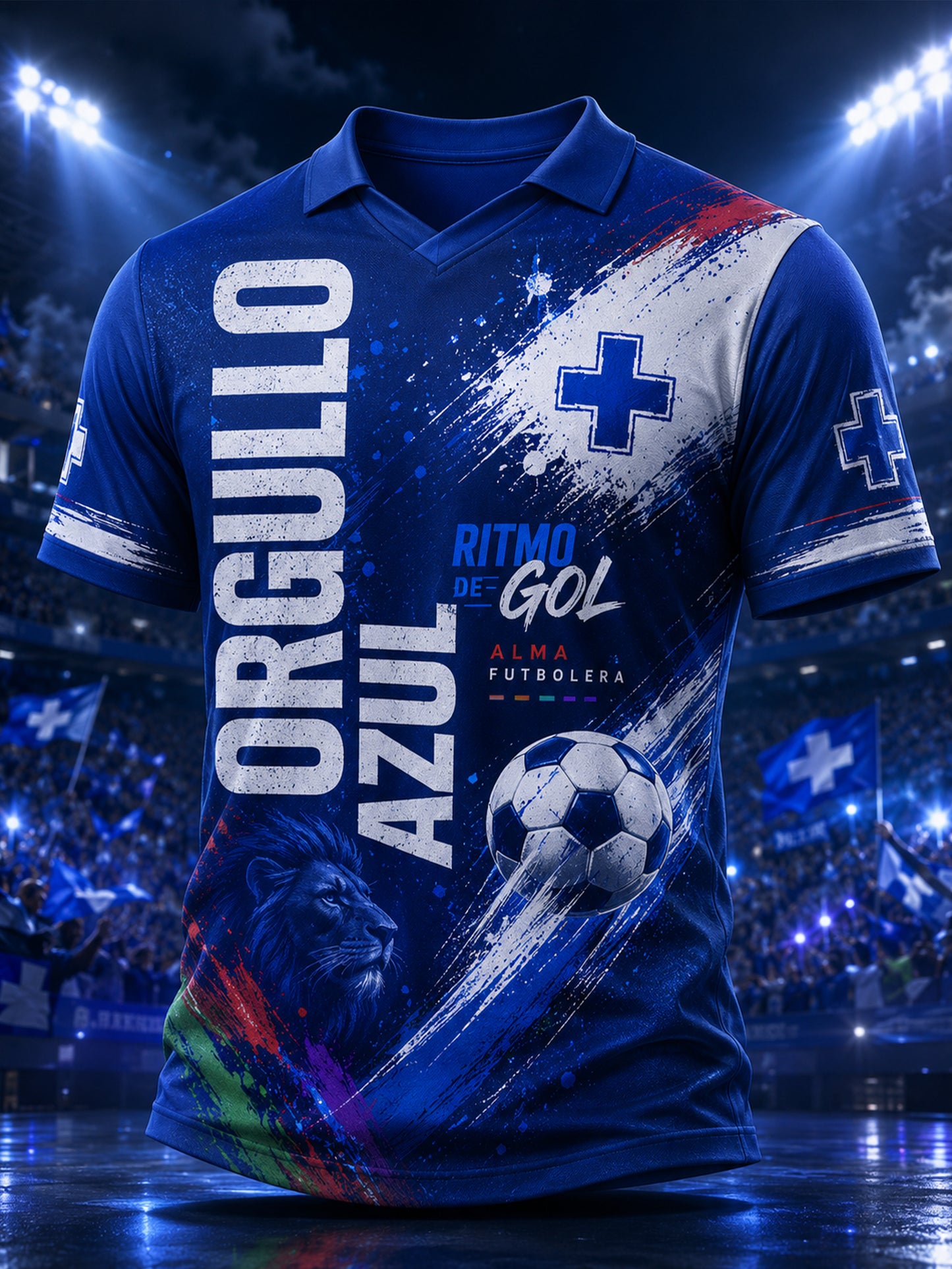Camiseta de cuello en V con estampado artístico de animación futbolística de la Cruz Azul mexicana para hombre