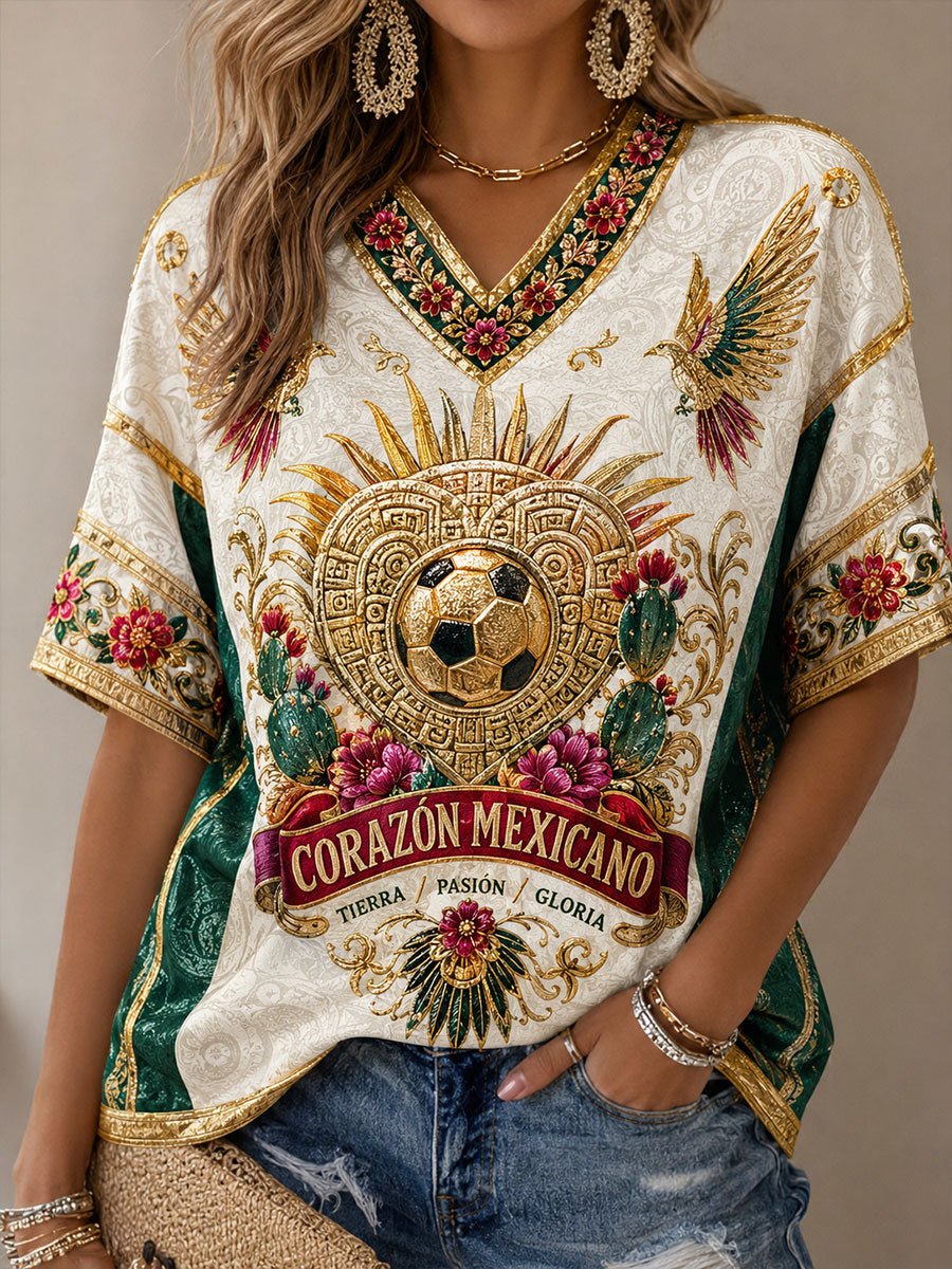 Camiseta estampada con diseño artístico para amantes del fútbol mexicano, para mujer
