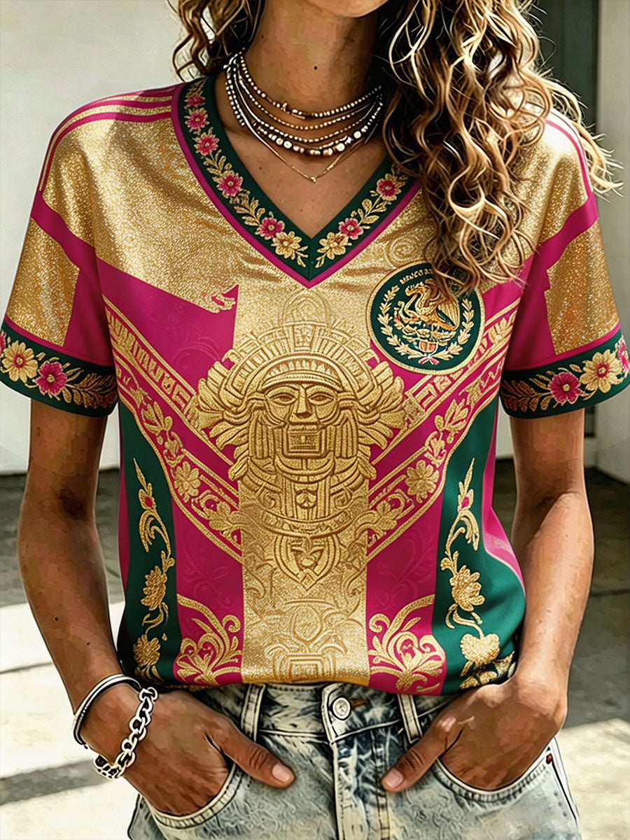 Camiseta estampada con diseño artístico para amantes del fútbol mexicano, para mujer