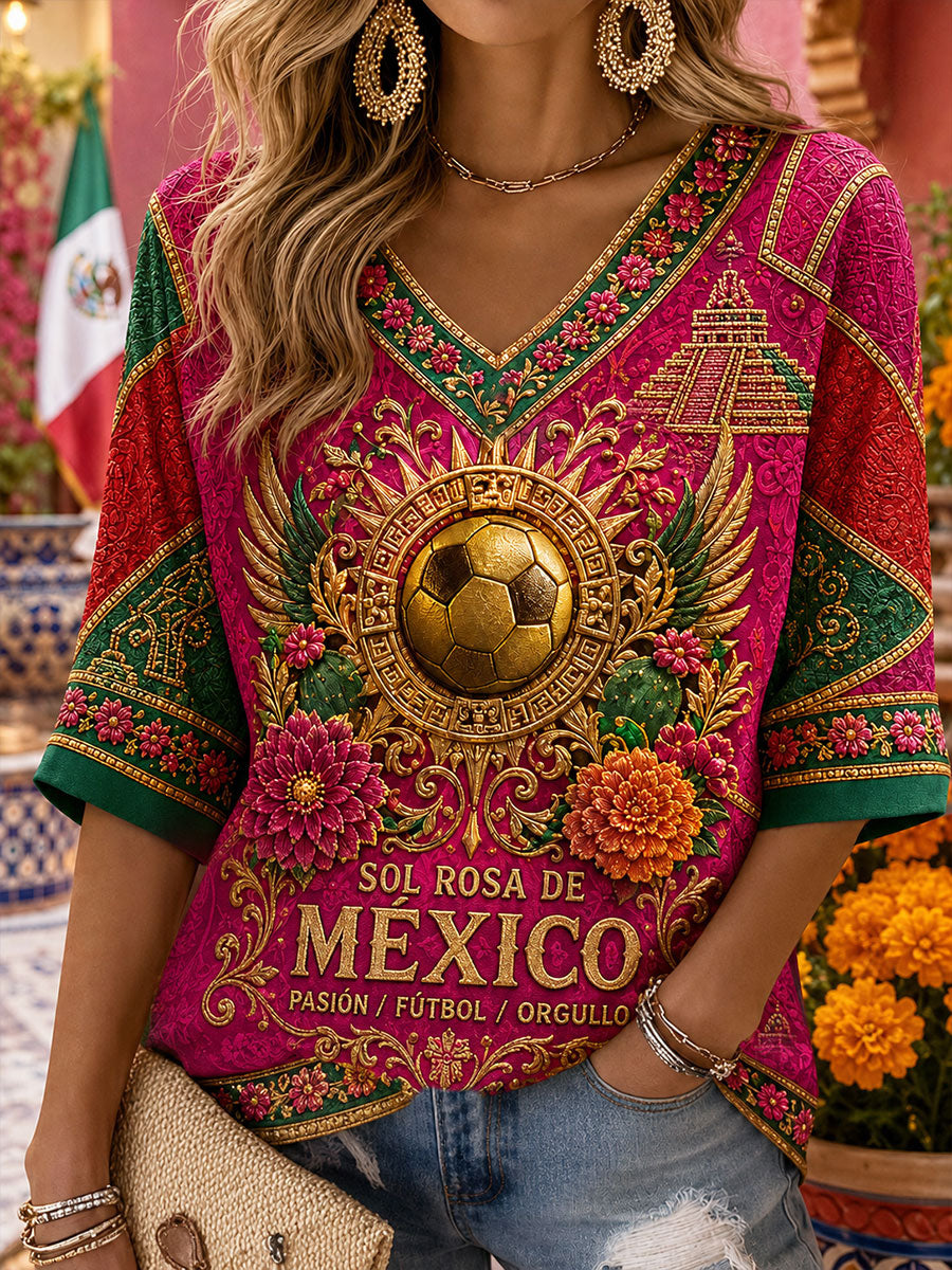 Camiseta de lino con estampado artístico para amantes del fútbol mexicano, diseño para mujer
