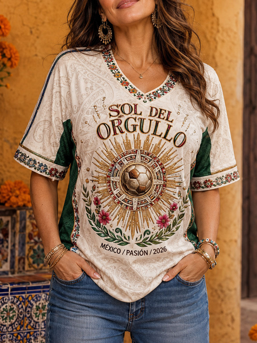 Camiseta estampada con diseño artístico para amantes del fútbol mexicano, para mujer
