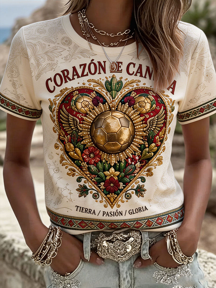 Camiseta de lino impresa del arte del amante del fútbol de México para mujer