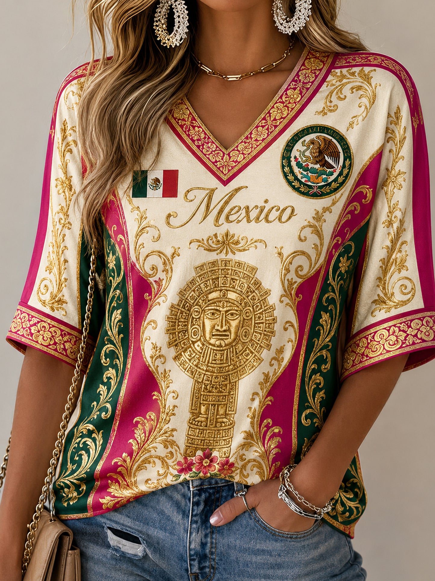 Camiseta de cuello en V con estampado en relieve de arte tradicional totem de México para animar al fútbol femenino