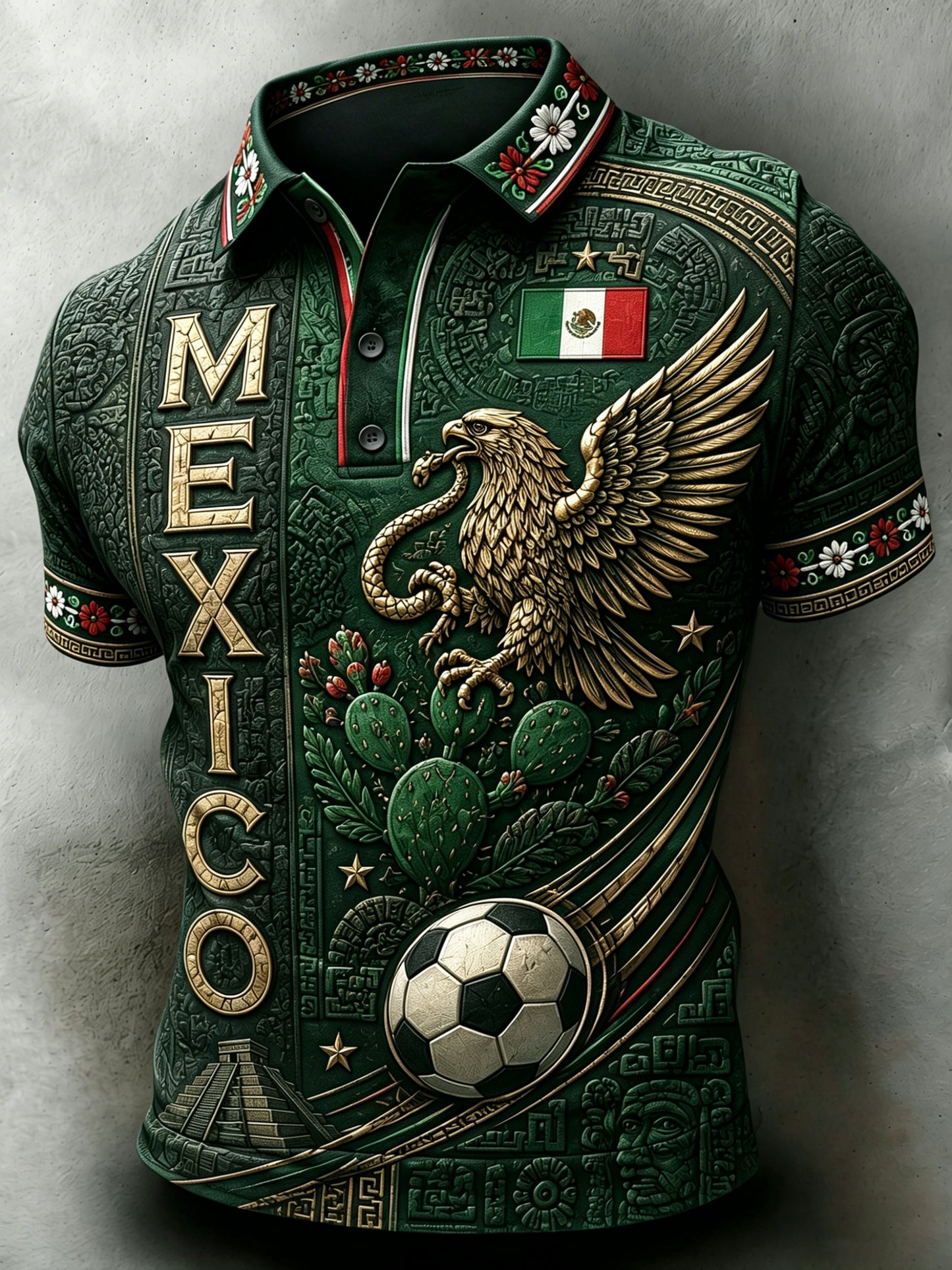 Los hombres de fútbol mexicano animando en relieve con textura tradicional Totem Art Print Polo Camisa