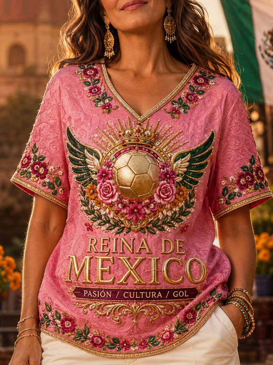 Camisetas de lino estampadas con diseño artístico para amantes del fútbol mexicano, para mujer