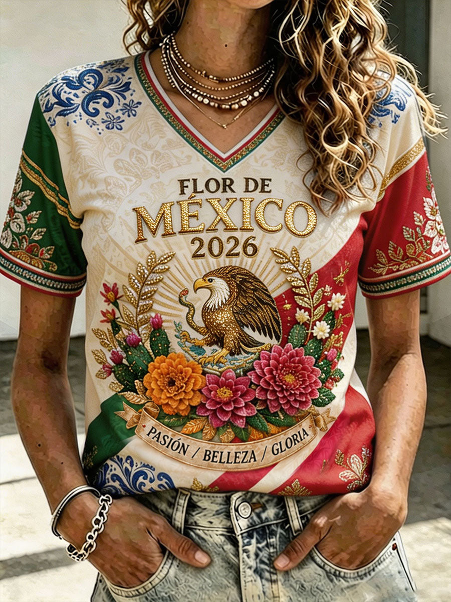 Camiseta estampada con diseño artístico para amantes del fútbol mexicano, para mujer