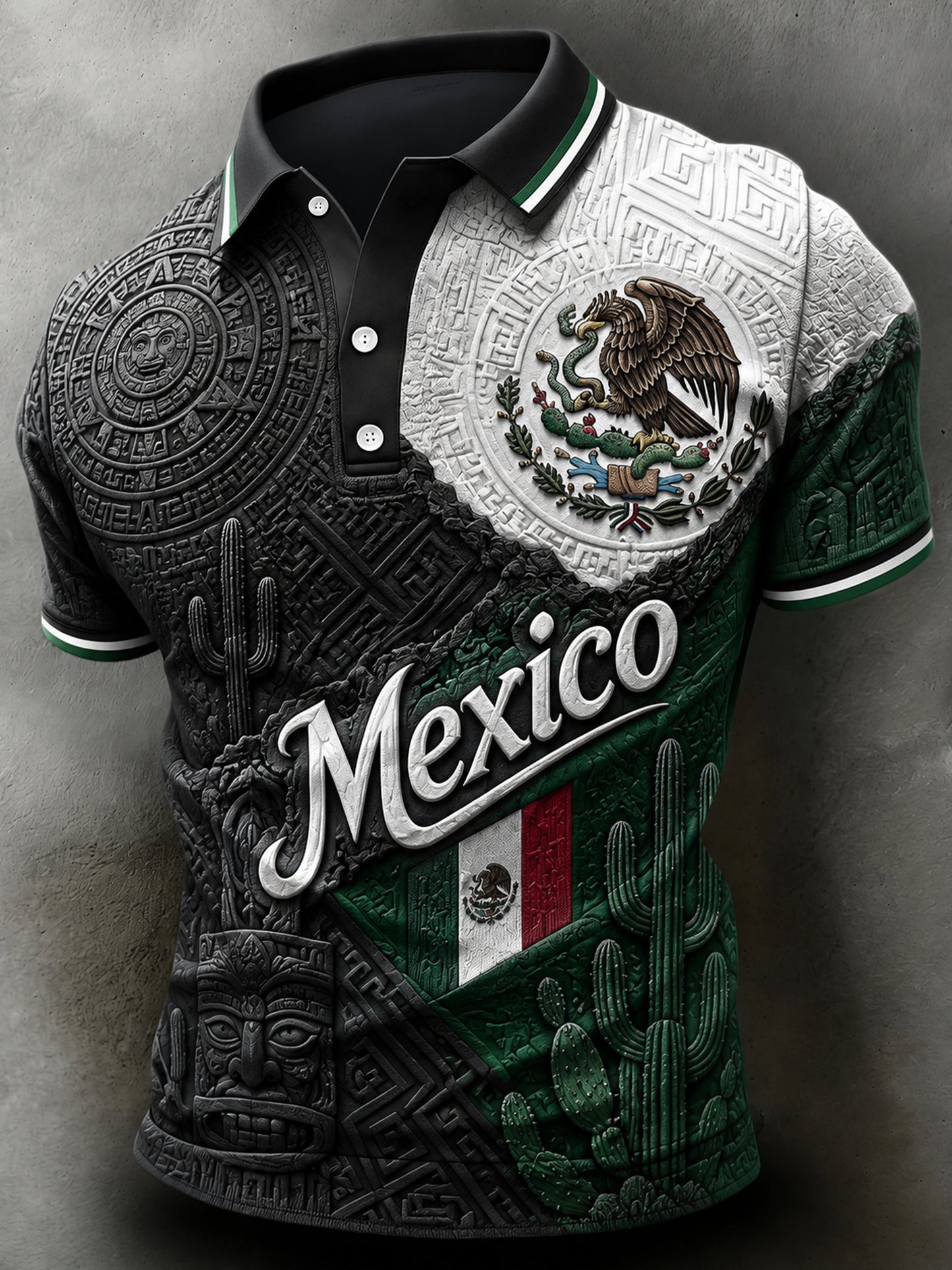 Camisa polo con estampado artístico de abanico para alentar, diseño tradicional mexicano de fútbol y tótem para hombre