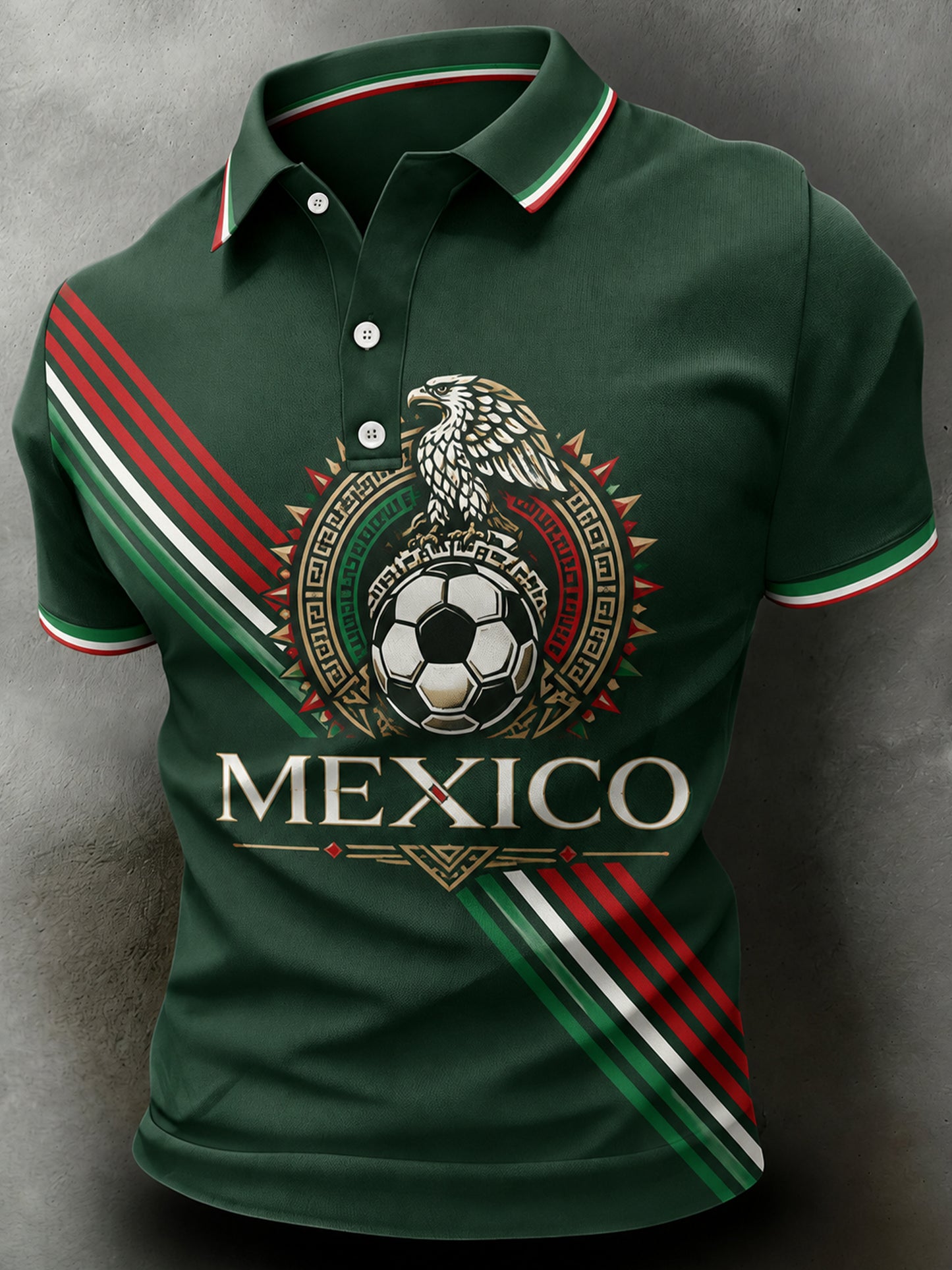Polo con estampado artístico de elementos de animación del fútbol mexicano para hombre