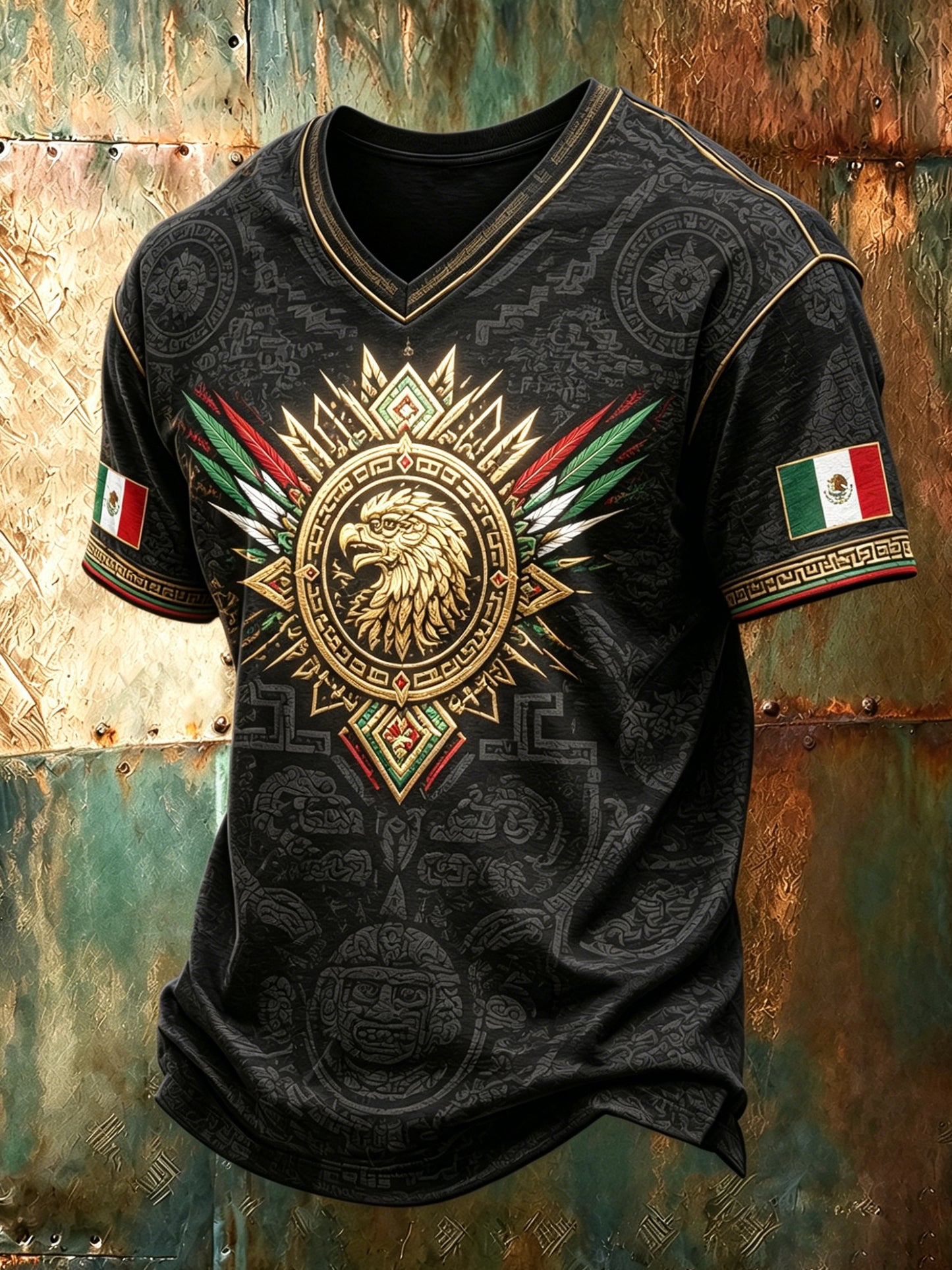 Camiseta con estampado artístico de elementos mexicanos para animar en el fútbol masculino