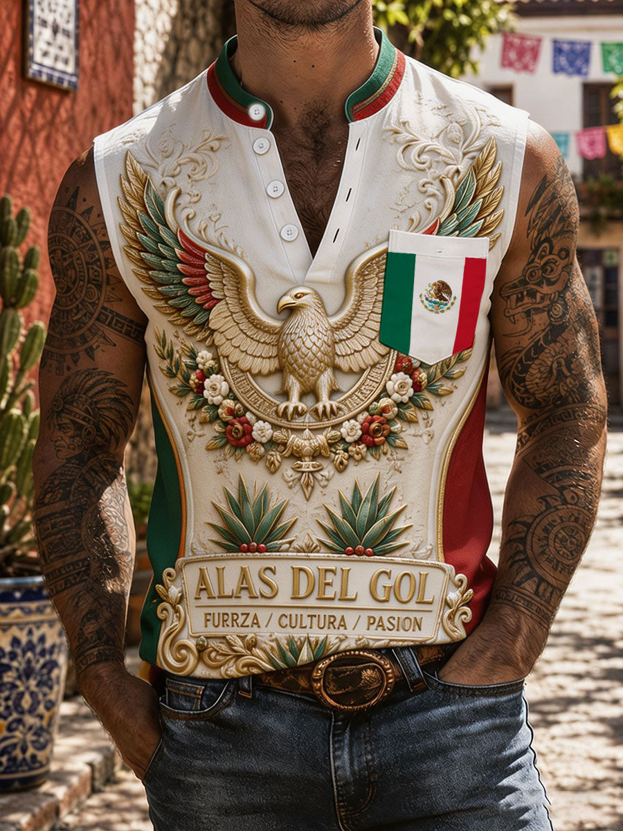 Camisetas sin mangas de lino con estampado artístico del orgullo mexicano para hombre