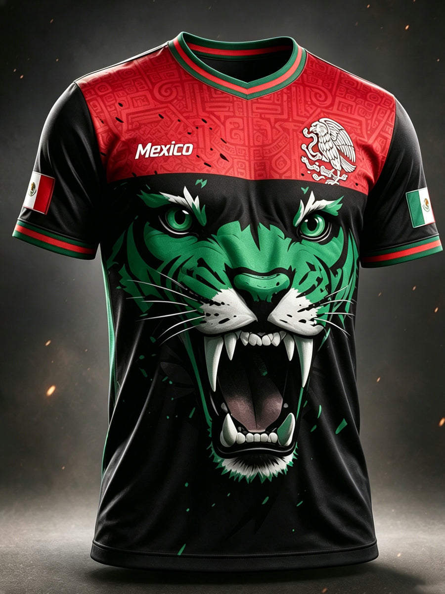 Camiseta con estampado artístico de elementos de animación en un partido de fútbol mexicano para hombre
