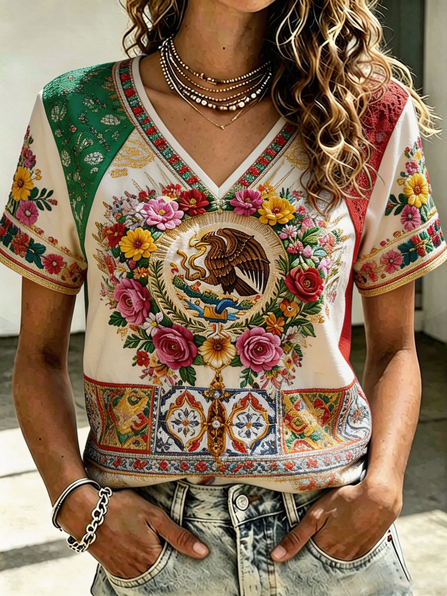 Camiseta de lino con estampado artístico mexicano para mujer
