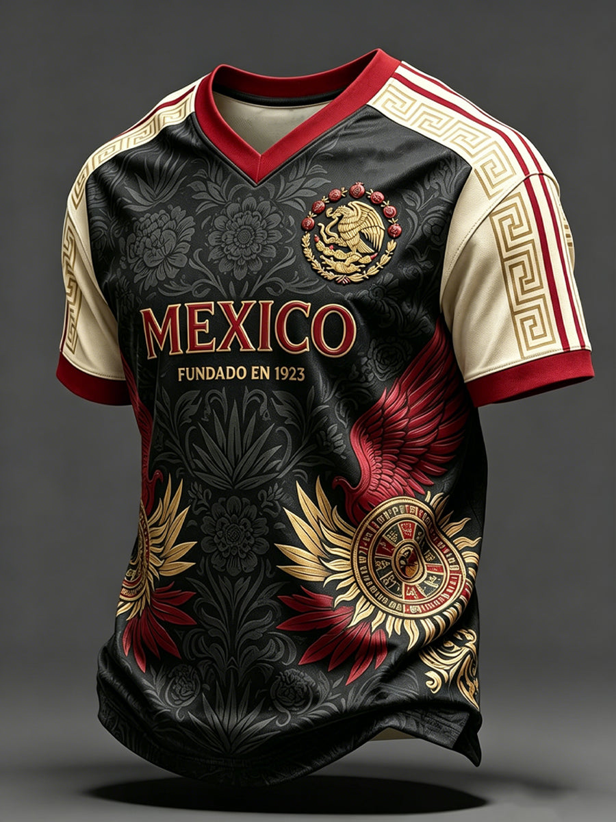 Camiseta de manga corta con estampado artístico del partido de fútbol mexicano masculino